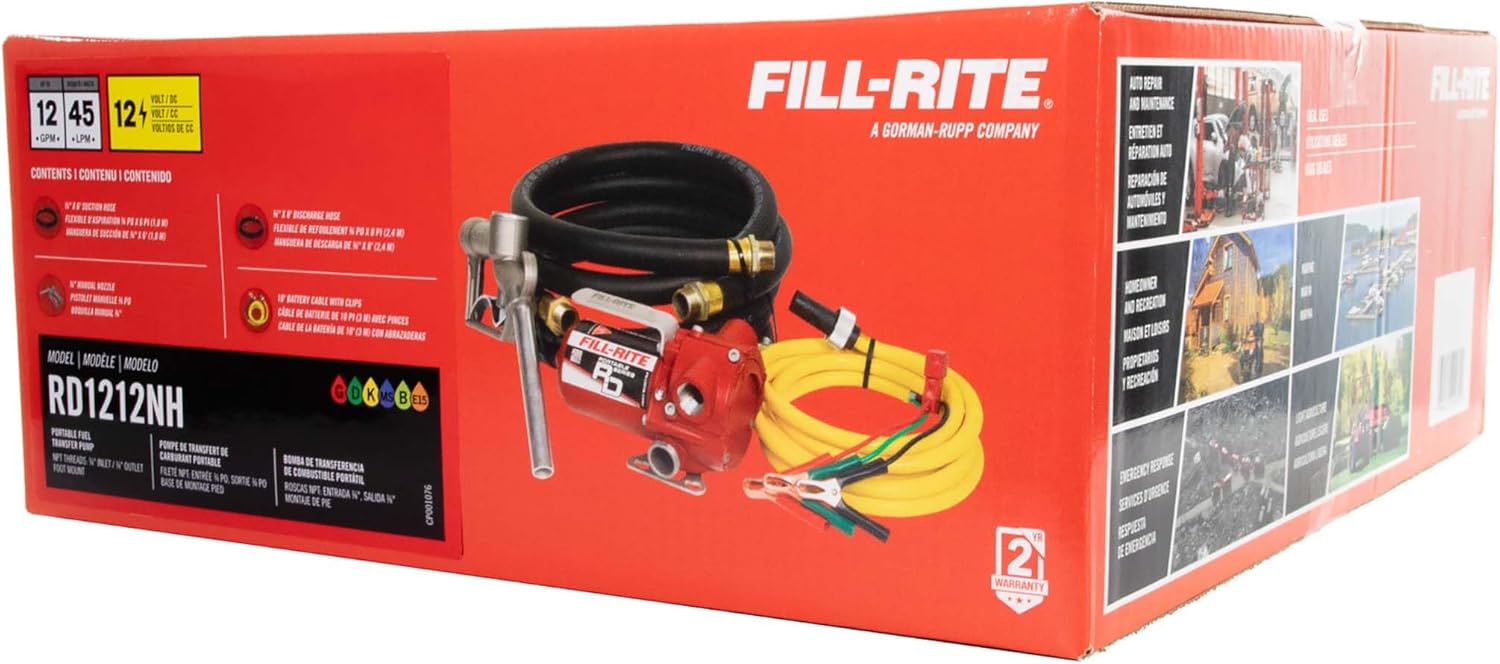 Fill-Rite RD1212NH 12V 12 GPM Portable Fuel Transfer Pump w/Discharge Hose, Manual Nozzle, Power Cable, & Suction Hose