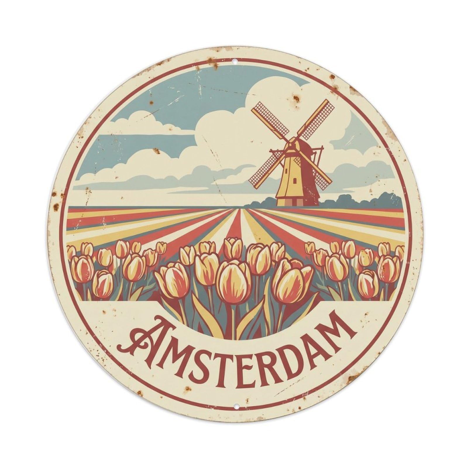 Vintage Travel Amsterdam Tulip Fields 1 Metal Tin Sign Plaque Wall Decor for Cafe, Club Bar, Office, Home Garden Round Metal Poster 8x8Inch