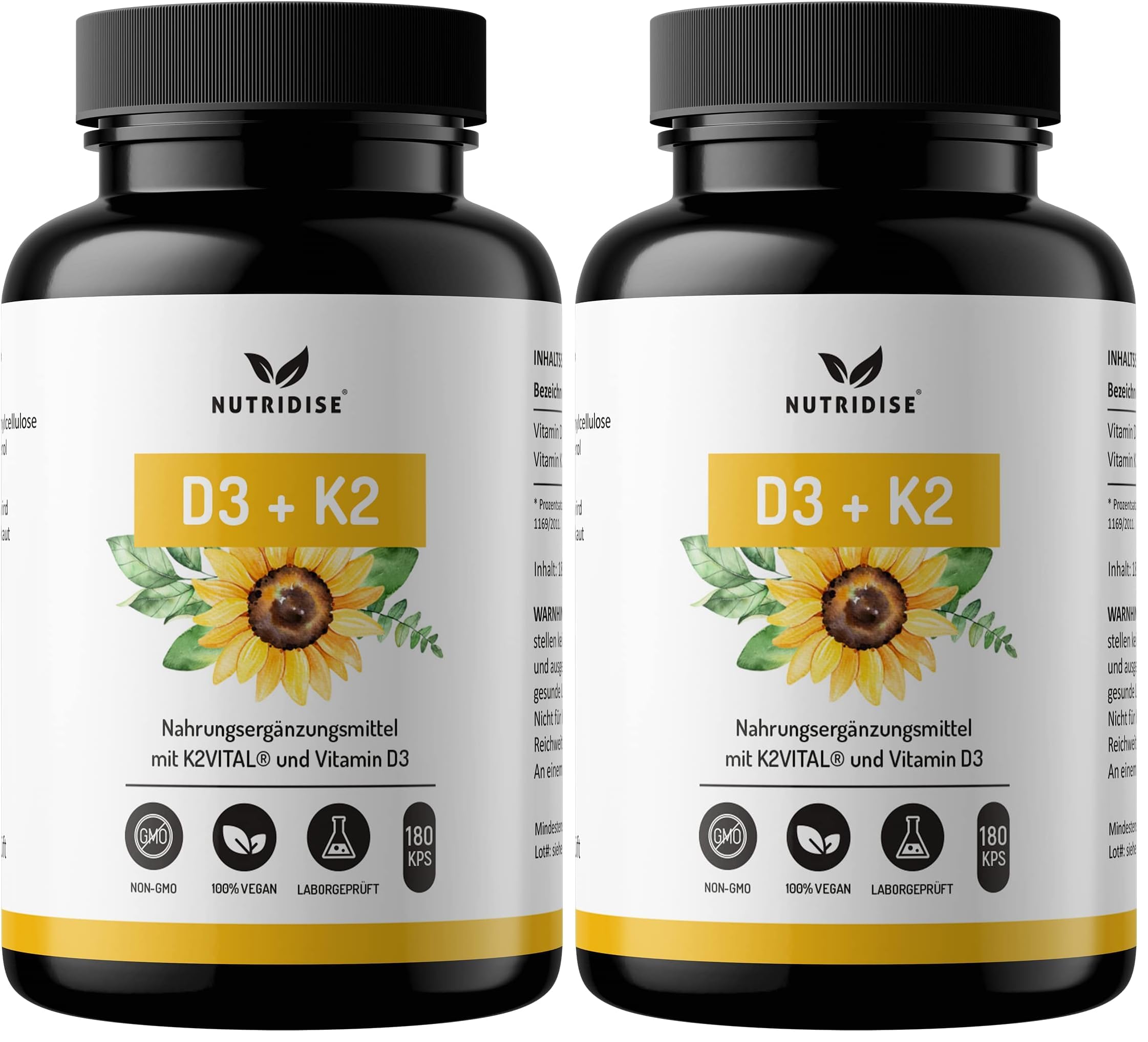 Vitamin D3 + K2 Kapseln – 1000 IE D3 + 100 µg K2VITAL MK7 99,99% Trans-Form – optimales D3 / K2 Verhältnis - hochdosiert, laborgeprüft - 180 Kapseln (Packung mit 2)