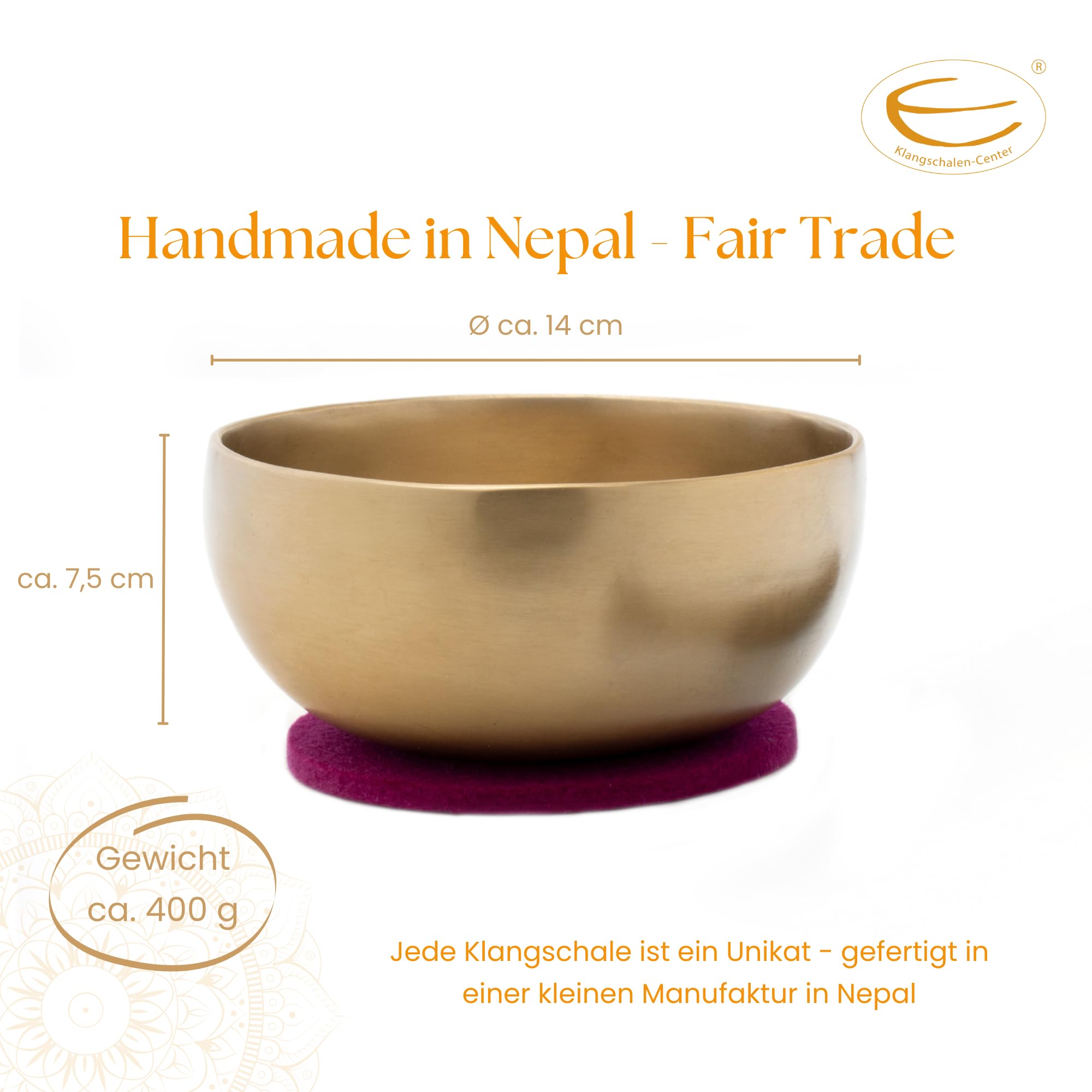 Klangschale 400g mit OM-Mandala-Gravur, handgeschmiedet | Fair Trade aus Nepal, ideal für Meditation und Yoga, inkl. Zubehör