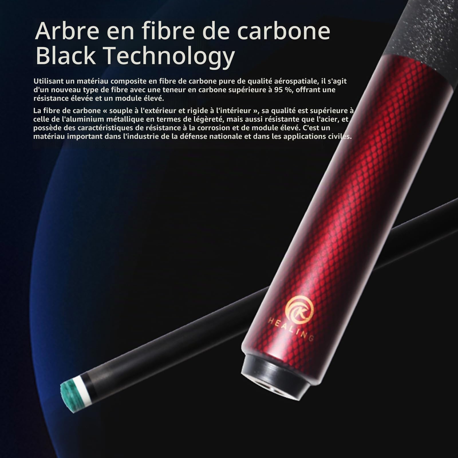 KHEALING Professional Carbon Fiber Pool Cue - 12.5 mm Tip - High Durability - 147 cm Pool Stick - Ideal for Pool Halls & Home Entertainment
