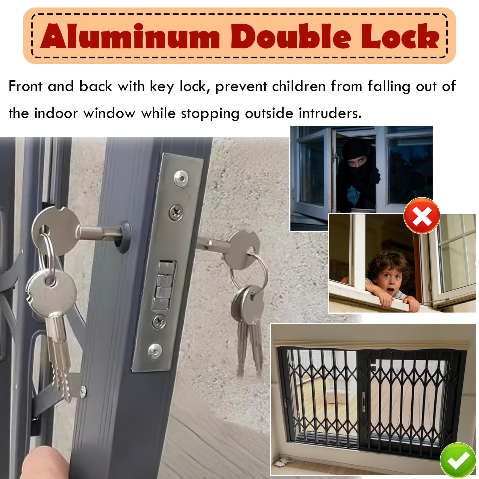 Barra de seguridad para ventanas correderas horizontales, protector de seguridad plegable con cerradura y llave, uso doméstico o comercial