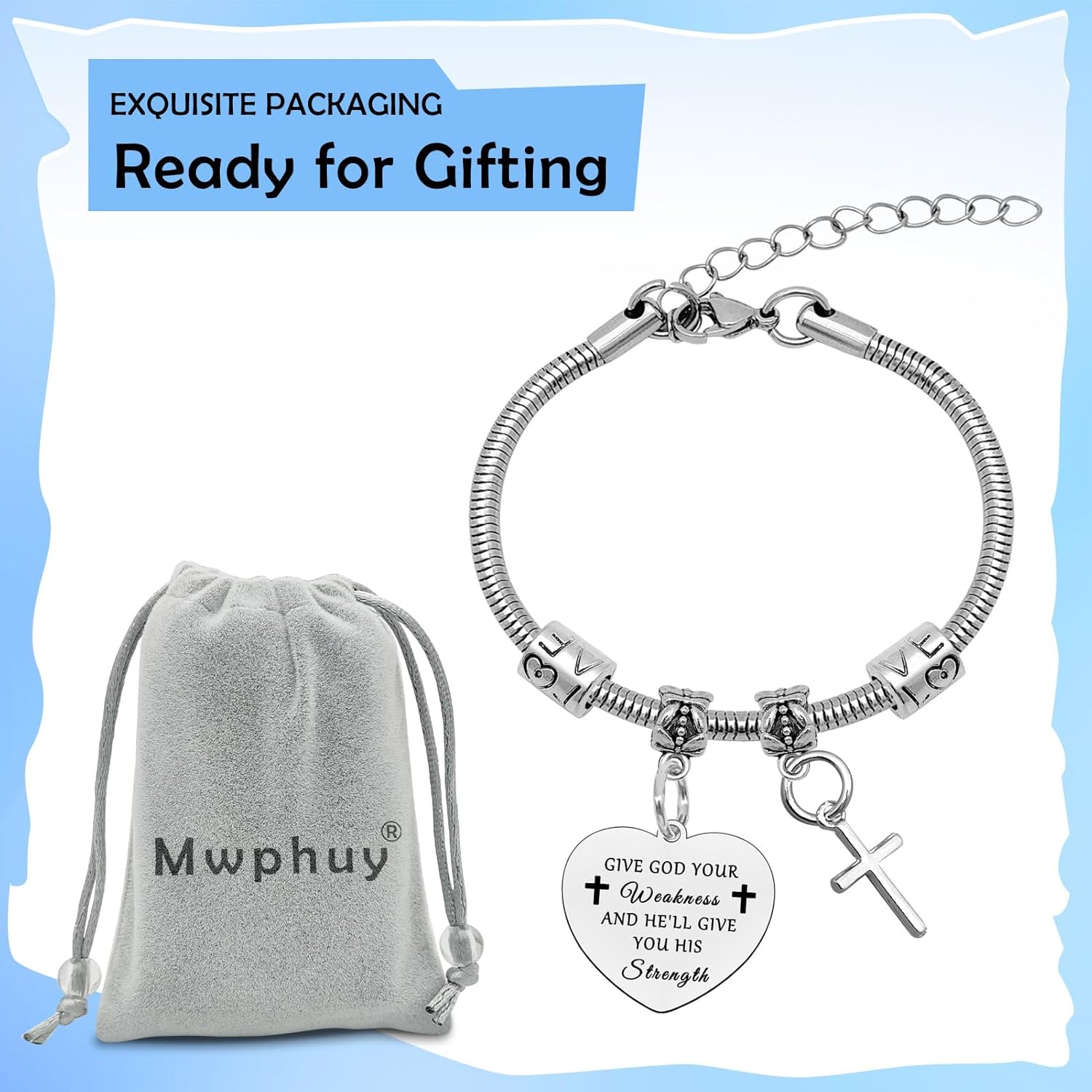 Mwphuy Christian Gifts for Women Faith Jewelry Religious Gifts for friend sister Bible Verse Bracelets Inspirational Gifts for friend Give God Your Weakness and He'll Give You His Strength Gifts - Image 7