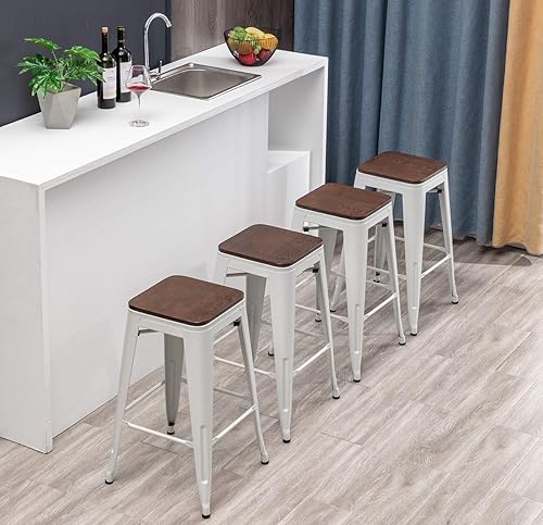 Miniatura 38 de [Juego de 4] Taburete metálico apilable industrial moderno para interior/exterior 17 pulgadas, Metal Plata sin espalda con madera,Sin espalda negro