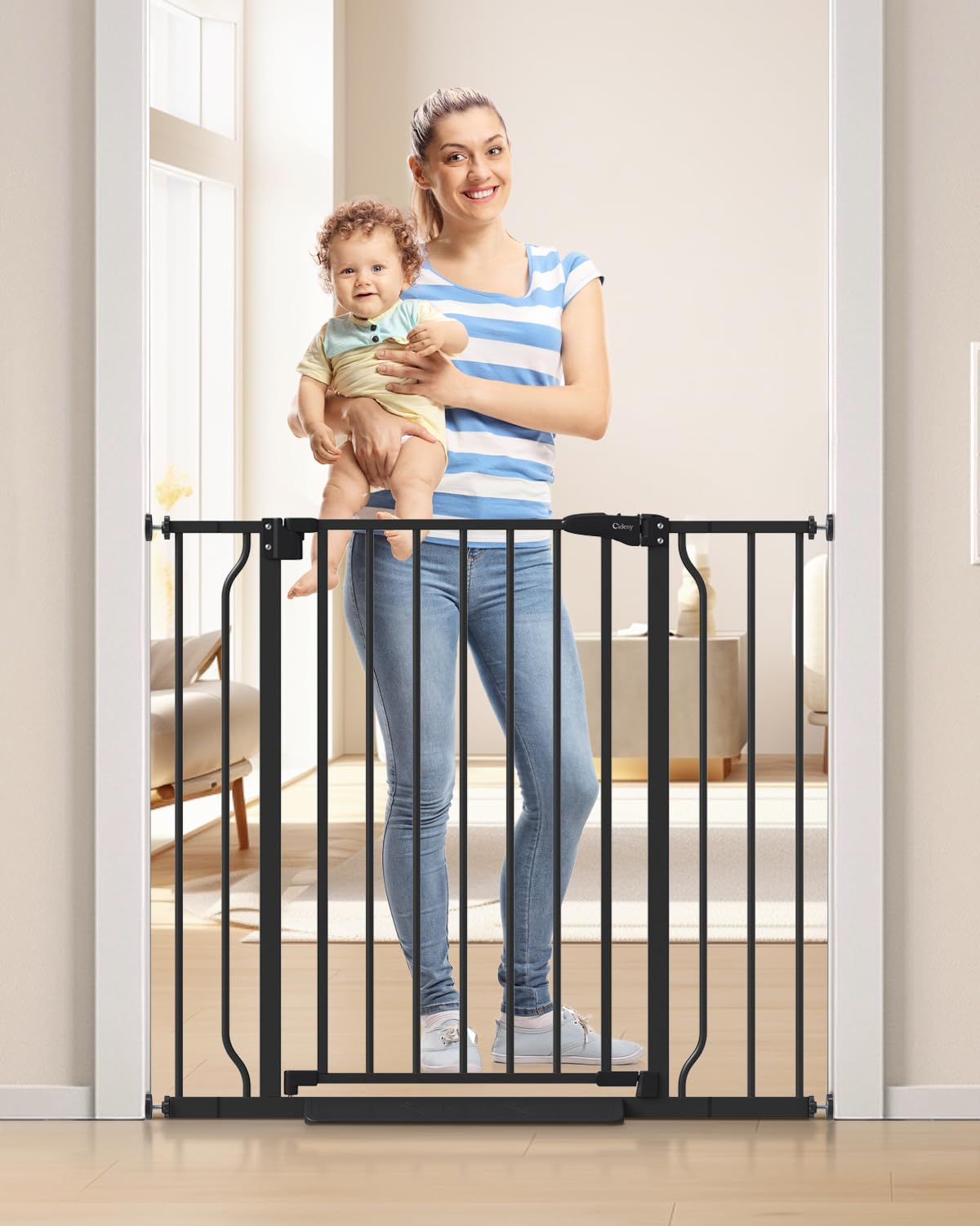 34" extra tall baby gate for stairs, auto close stroller friendly dog gate indoor for doorways, pressure mounted 29"-40" wide baby gate, easy walk through gate for children & pets, black