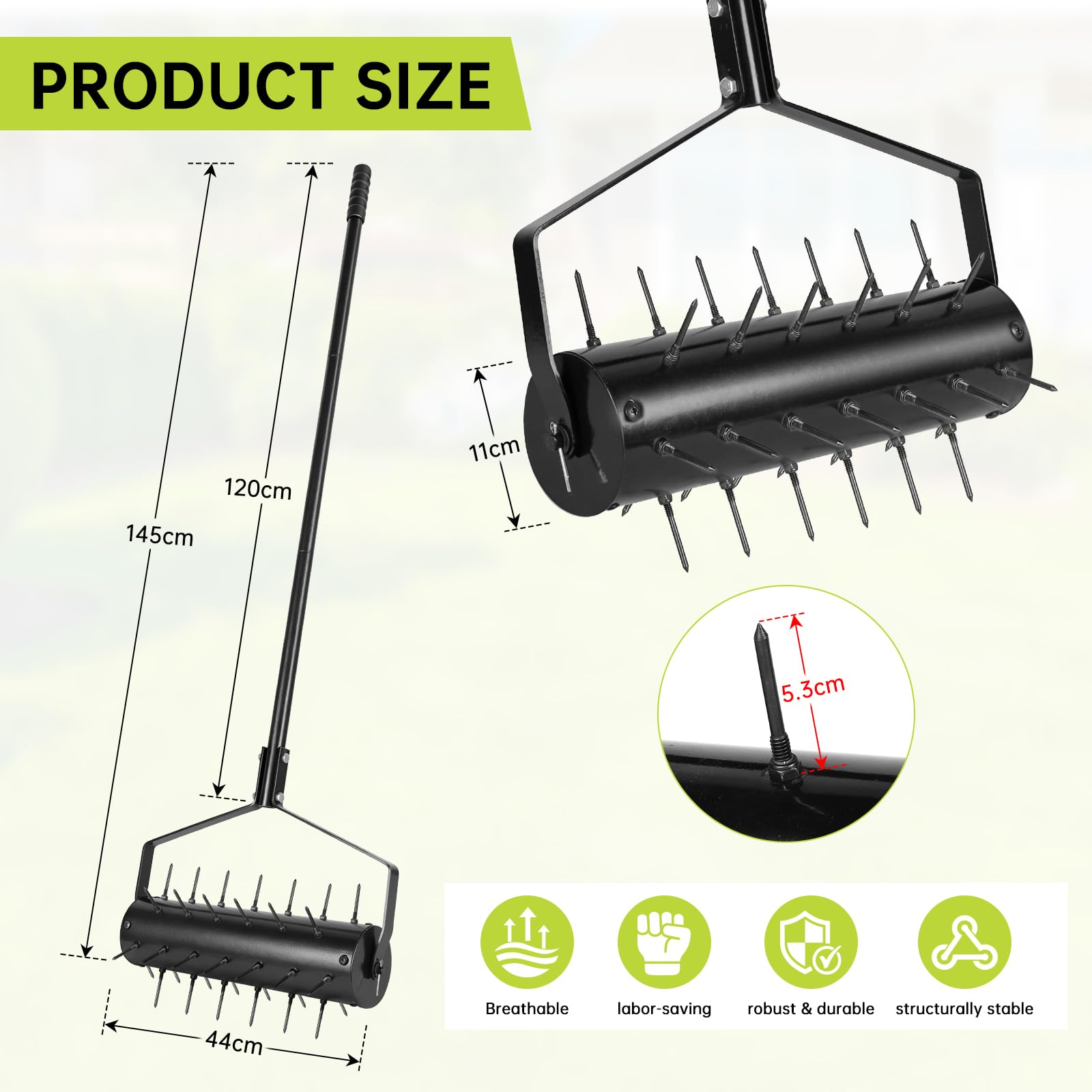 Rodillo Aerificador Manual para Césped 44 x 141 cm – Escarificador Manual con 39 Púas (5,8 cm) y Mango – Rodillo Airificador – Descompactador para Jardín, Patio, Terraza