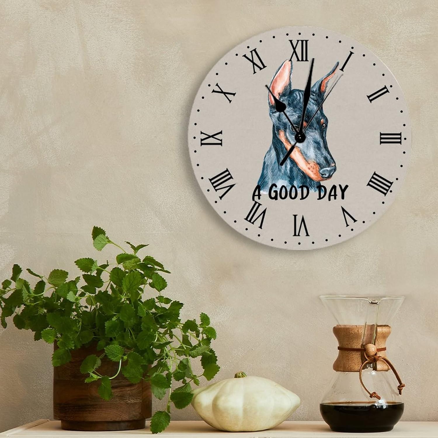 Painted Dobermann Wall Clock A Good Day Dog Decor Dobermann Dog Mom Large Wooden Wall Clocks Battery Operated 15 Inch Non-Ticking Farmhouse Home Decor for Bedroom Living Room Kitchen School Classroom