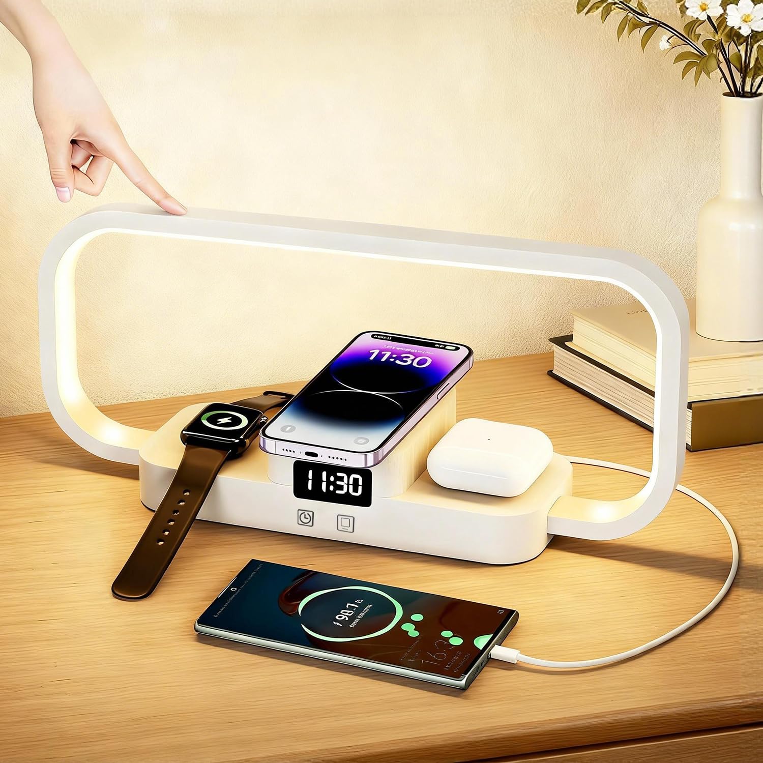 KZT Lampe de Chevet Chargeur sans Fil 4 en 1 avec Port USB LED Horloge, Blanc