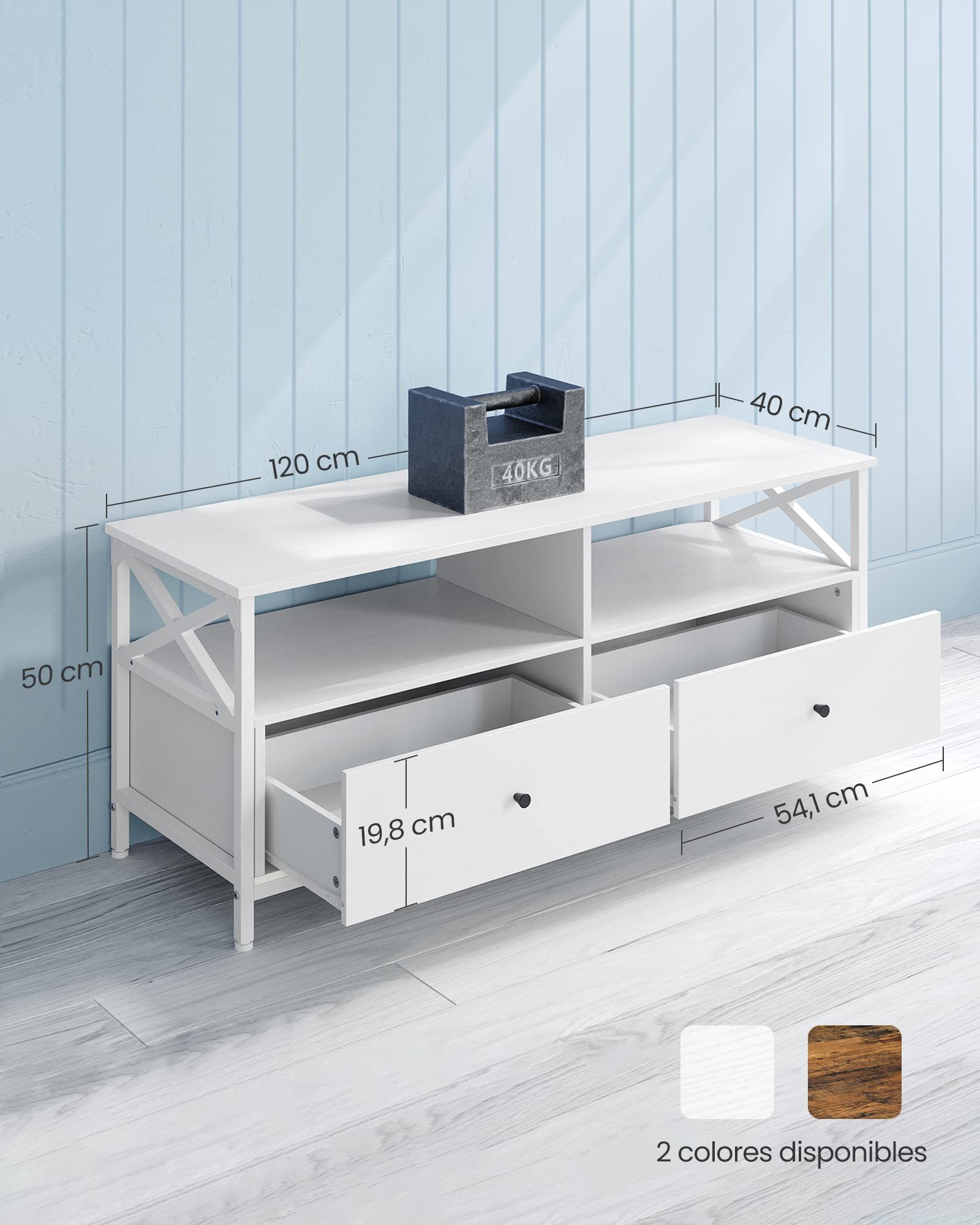 VASAGLE Mueble de TV, Mesa de TV de hasta 55 Pulgadas, con 2 Cajones y 2 Compartimentos Abiertos, 120 x 40 x 50 cm, para Salón, Dormitorio, Marco de Acero, Blanco LTV300B46