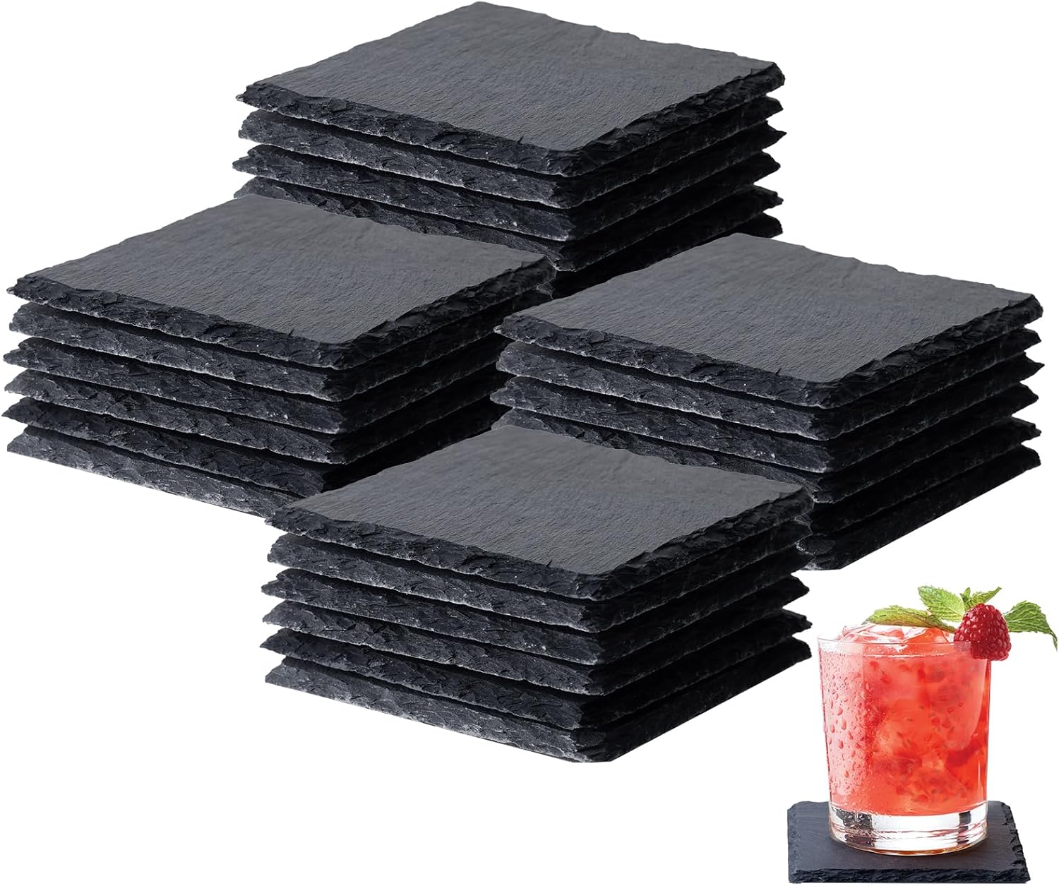 60 PCS Slate Coasters Set, 4 Inch Black Square Stone Coasters Bulk, 30 PCS Square, 30 PCS Round Laser Engraving Blanks with Anti-Scratch Bottom for Drink Coffee Bar Kitchen Home Decor