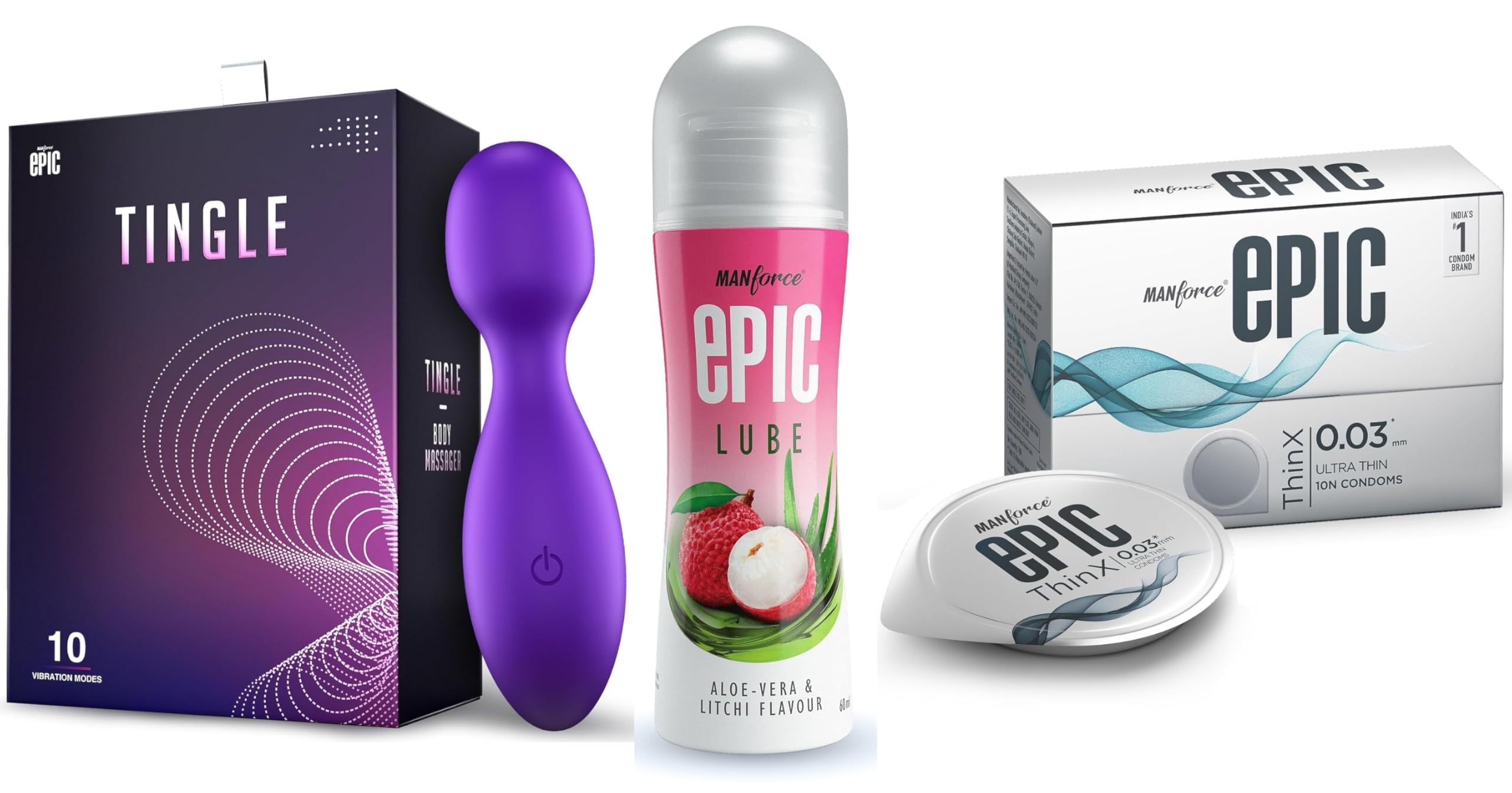 Manforce Epic Tingle Massager | 10 Vibration Modes,Epic Lube | Aloe Vera & Litchi | 60ml | Water-based & Epic ThinX | Ultra Thin Condoms with Easy Peel Pack | 10 Pcs-image-42