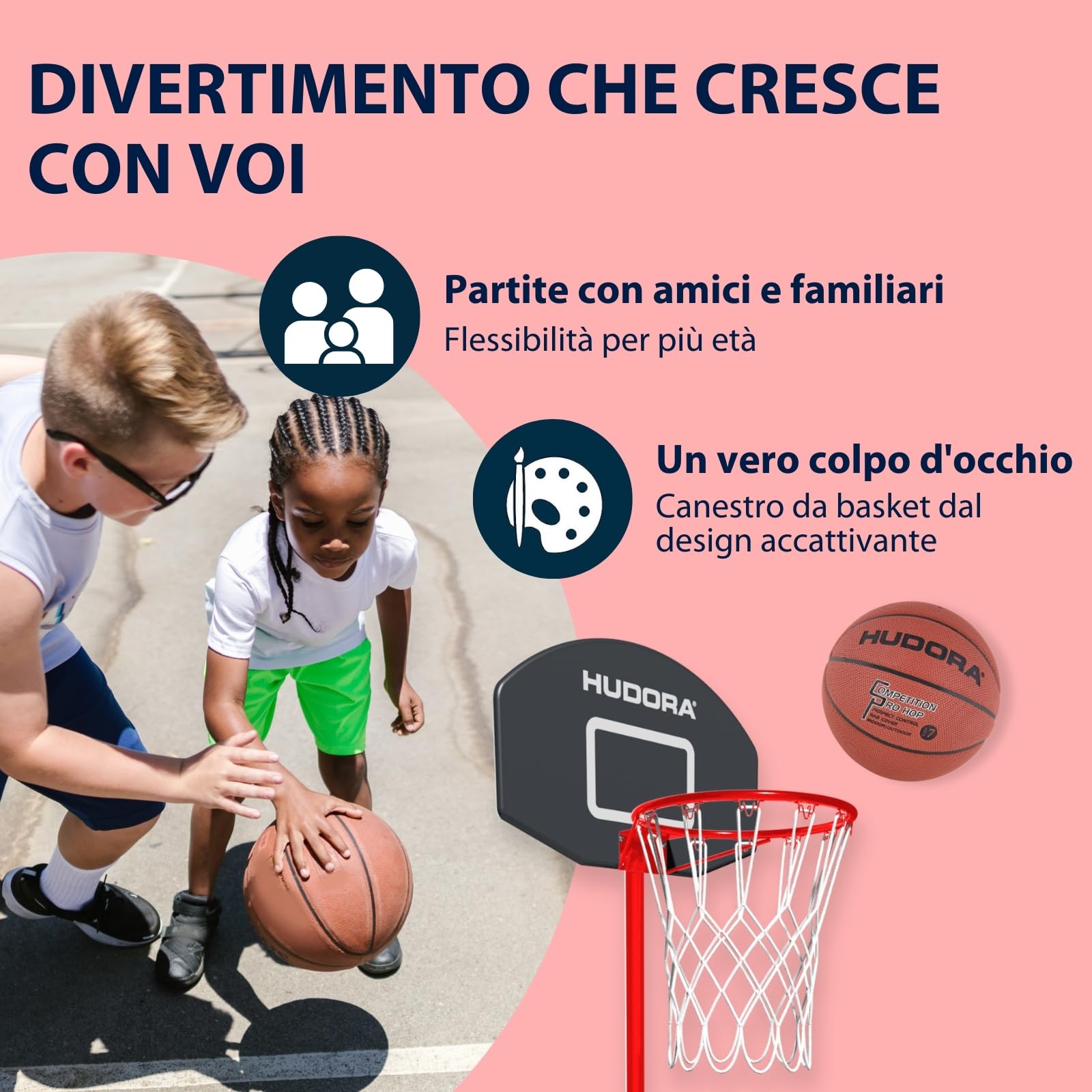 HUDORA Canestro da basket XXL - Canestro da basket regolabile da 260-305cm - Canestro da basket mobile da esterno per bambini/ragazzi e adulti - Canestro basket con supporto e ruote