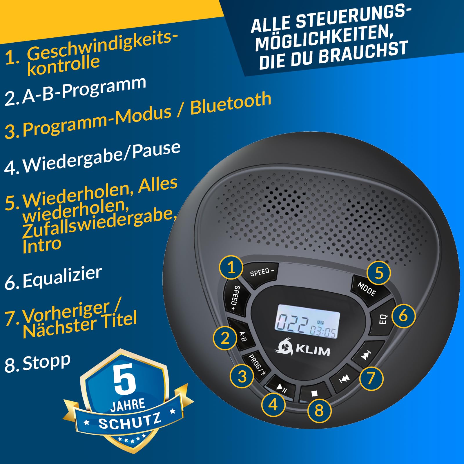 KLIM Speaker + Lettore CD Portatile Con Altoparlanti + Bluetooth + NUOVO + Batteria Ricaricabile + Lettore CD Stereo con Auricolari Inclusi + microSD + AUX + Ideale per l'auto