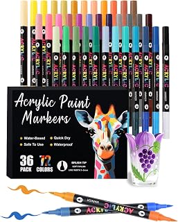 72 Colors Acrylic Paint Markers with 36 Dual-Color Brush Tips, Double Tips Acrylic Paint Pens for Rocks, Eggs, Wood, Rock, Canvas, Plastic, Glass, Ceramic