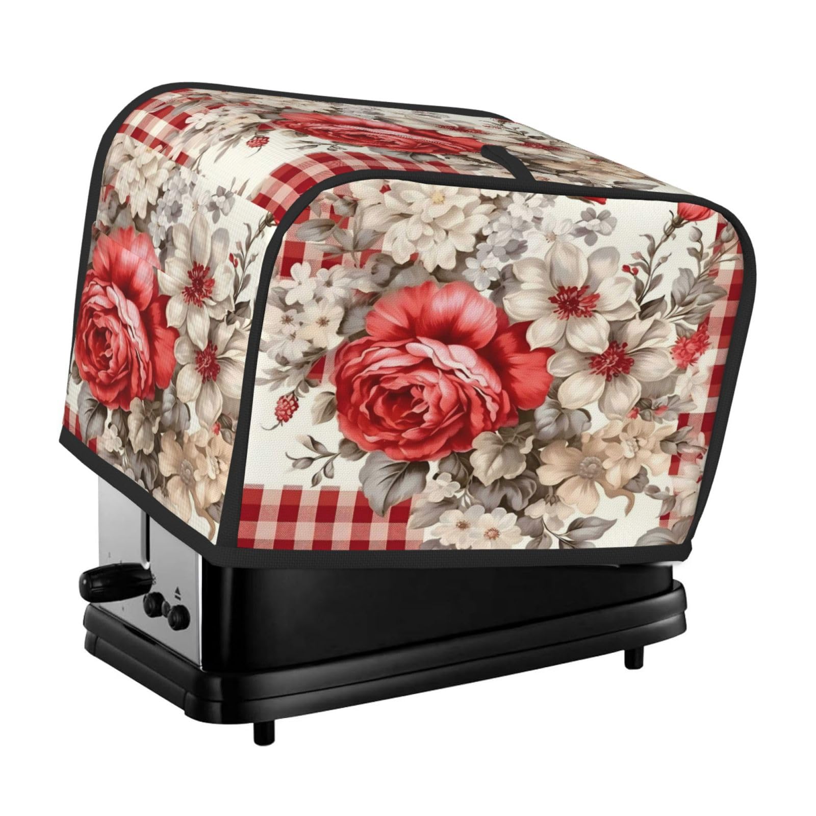 Cubierta para tostadora a cuadros de flores rojas, ranura ancha de 2 rebanadas, a prueba de polvo, impermeable, con lazo para colgar, protector de tostadora de panadería