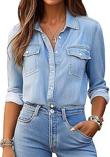 Denim Shirt Women Chambray Jean Western Shirts Long Sleeve Button Down Tops