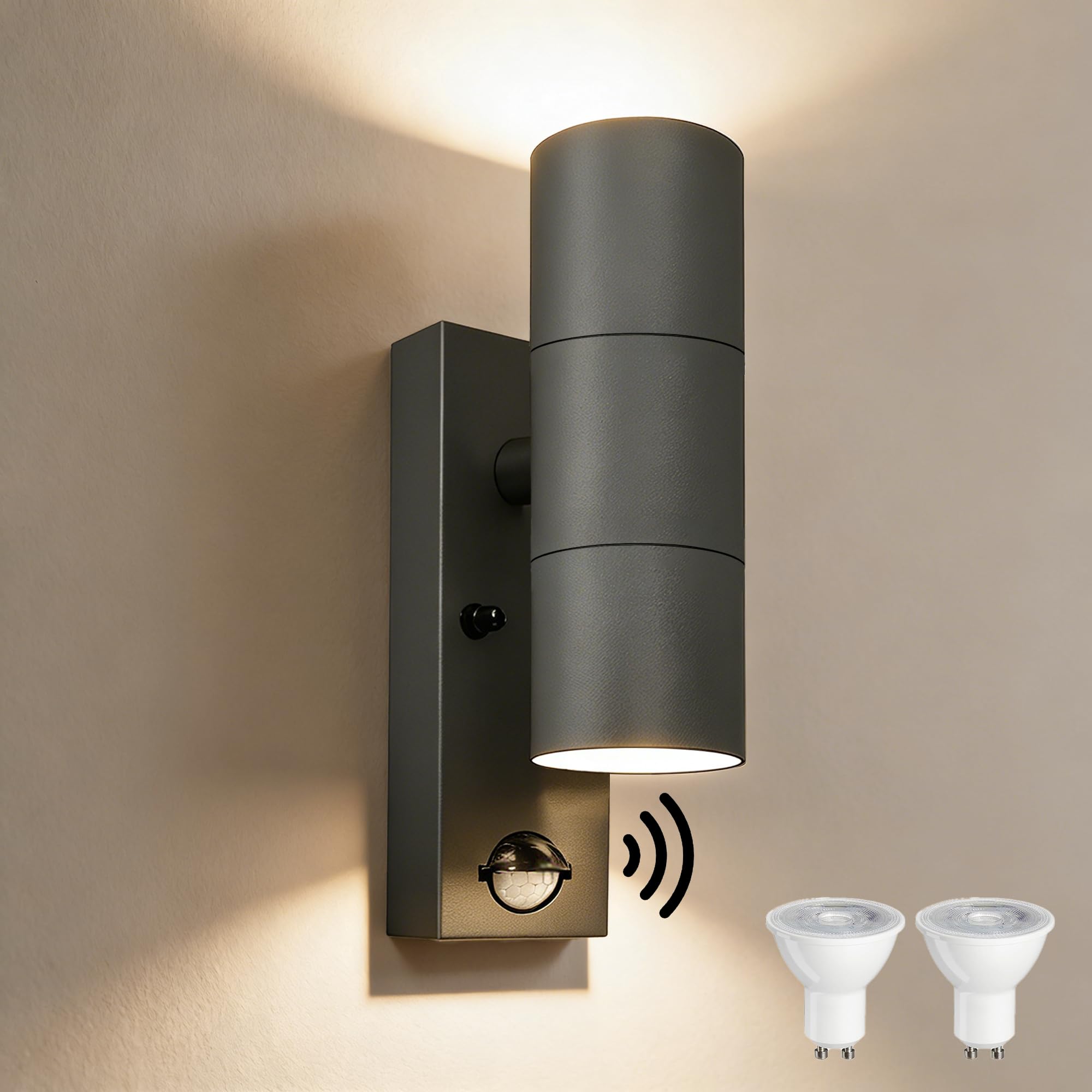 YOVGQOLV Motion Sensor Outdoor Wall Lights Up and Down, Incl. 2x5w 3000K GU10 Bulbs,Stainless Steel PIR Outside Light Mains Powered, IP54 Waterproof Front Door Lamp Porch, Anthracite Gray, 1 Pack