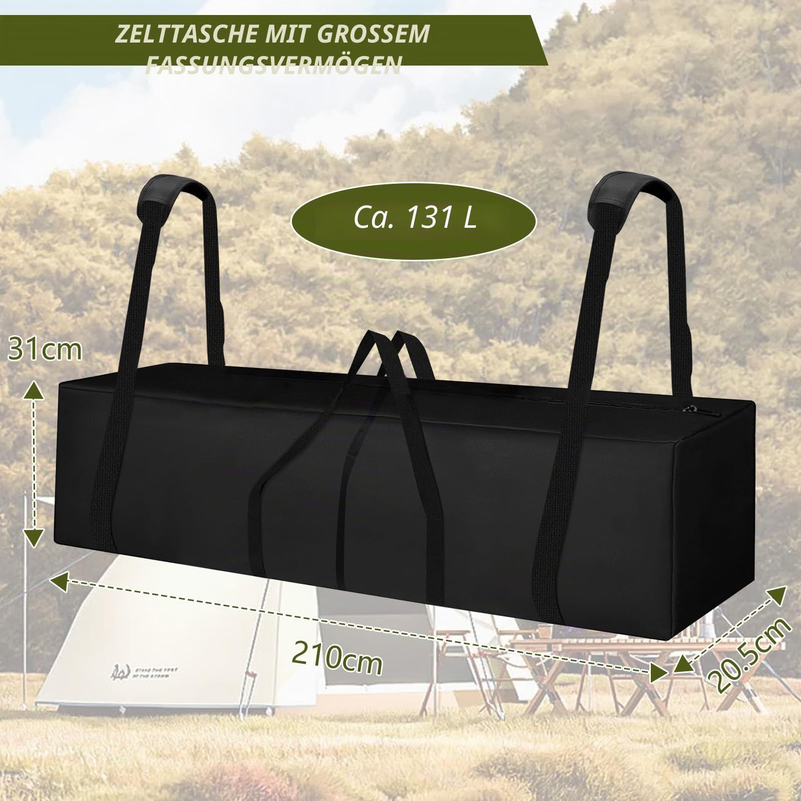 Zelttasche 210 cm, Tragbare Zeltstangentasche mit Gepolsterten Griffen & Zwei-Wege-Reißverschluss, Multifunktionale Camping Tasche, Angeltasche, Rutentasche, Stativtasche