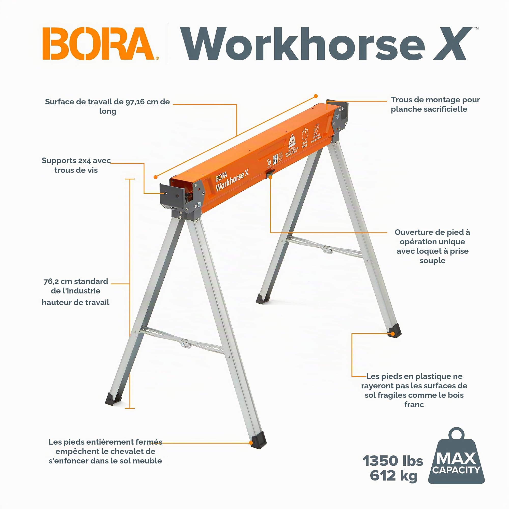 Bora Workhorse PM-3350 Chevalet de sciage avec pieds pliants, dessus en métal pour 2 x 4, chevalet de sciage professionnel robuste pour travail du bois, charpentiers, entrepreneurs