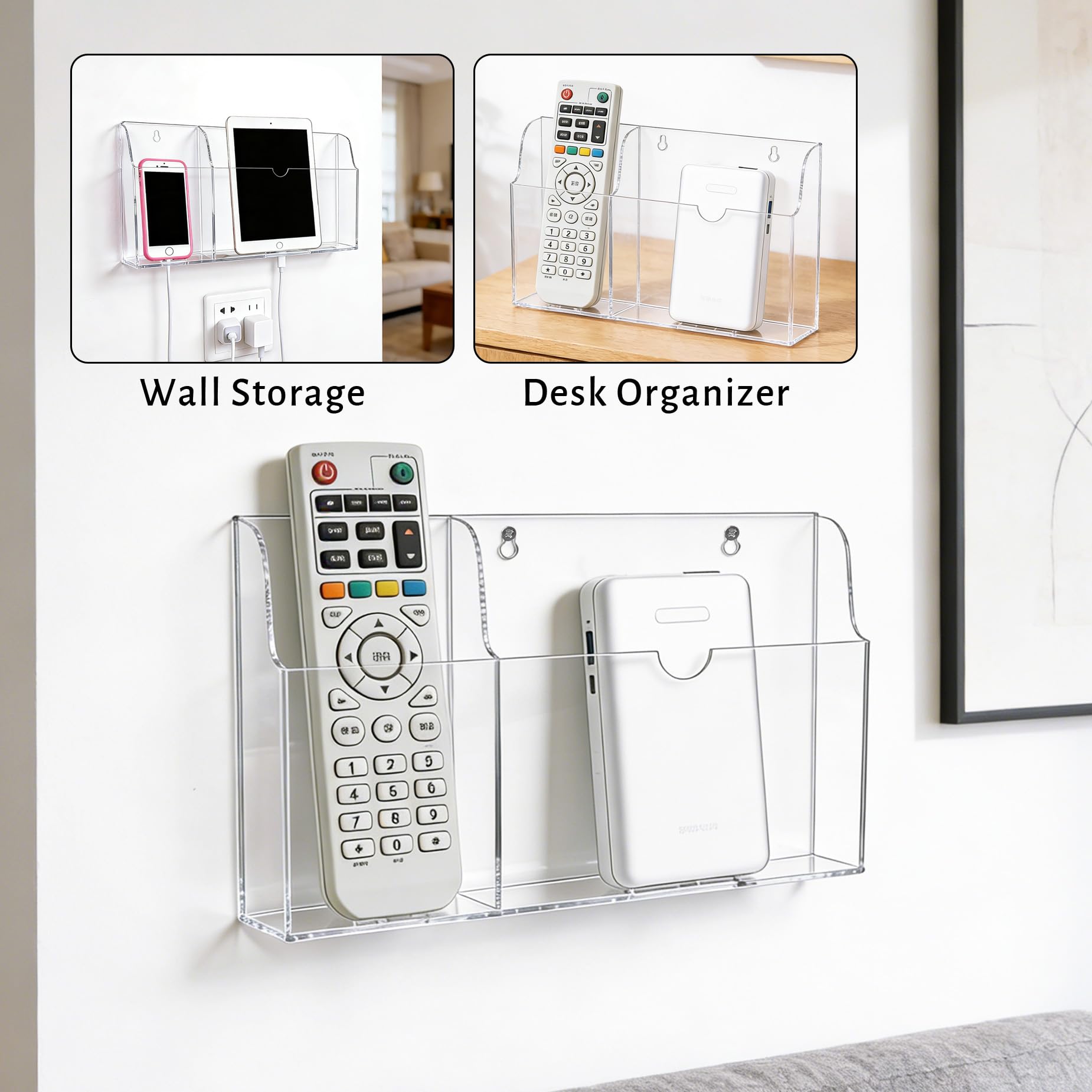 Soporte acrílico para teléfono montado en la pared con agujeros de carga, soporte de control remoto de pared de 2 compartimentos para tablet, iPad, Kindle, portátil, transparente