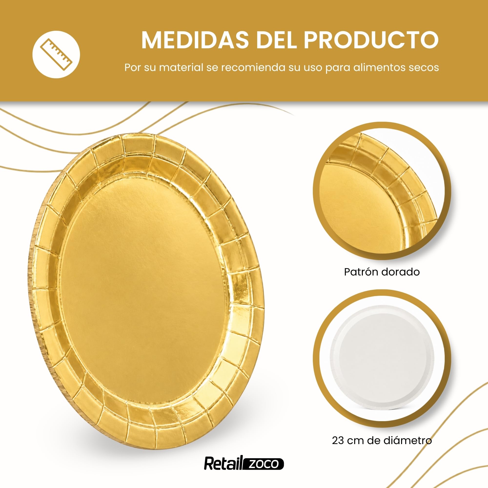 Platos de cartón, Platos Desechables cartón, Diseño Dorado, 6 Unidades - imagen 4
