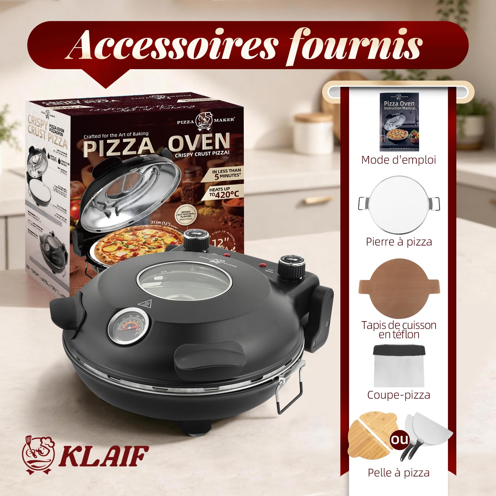 KLAIF Four à pizza électrique de comptoir avec pierre en céramique de 31 cm, deux commandes de température réglables et 4 outils à pizza inclus, LMR-Noir