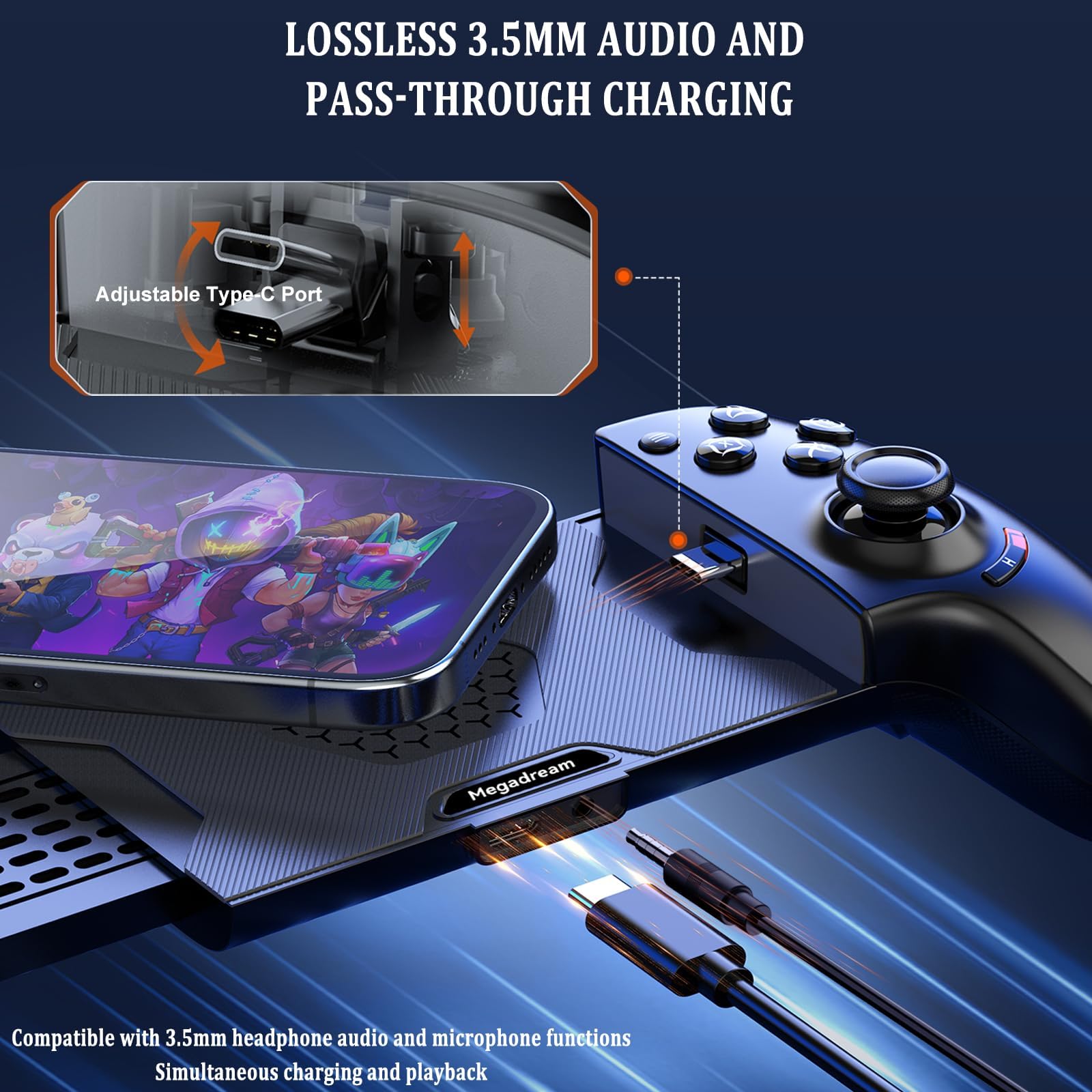 Megadream Mobiler Gaming Controller für iPhone 16/15 & Android USB-C mit 3,5-mm-Audiobuchse, Wireless Handy Controller für PS5/PS4/Xbox/PC, Hall-Effekt-Joysticks/Trigger, Cloud-Gaming - Schwarz