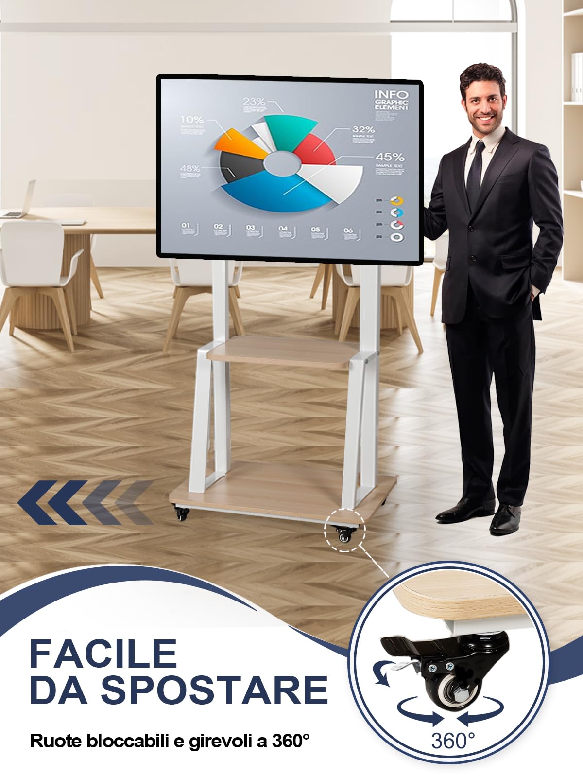 Supporto TV da pavimento da 32-75 Pollici, porta TV da terra mobile Compatibile don TV Piatti E Curvi Led/Lcd/Oled. Altezza Regolabile, con Base In Legno e Capacità di Carico Fino a 45 Kg. Bianco