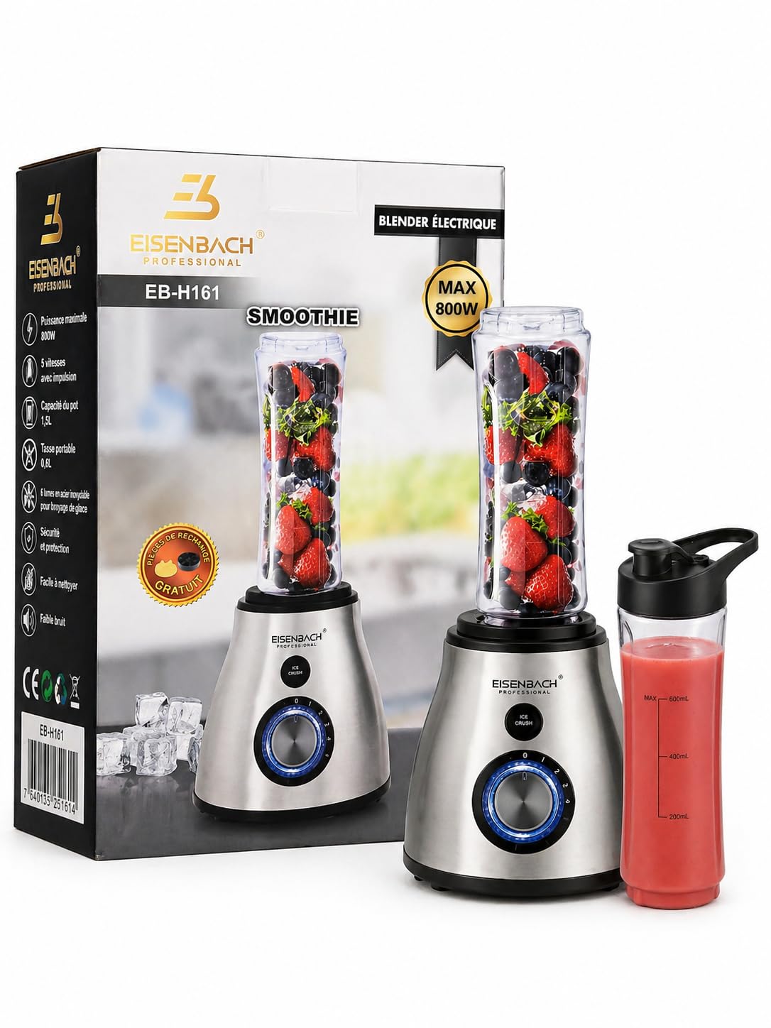 Licuadora Eléctrica Profesional 3 en 1 800W, Vaso de Vidrio 1.5L, Molinillo para Café y Especias, Botella Portátil 600 ml, 5 Velocidades + Función Ice Crush, 220-240V 50/60Hz