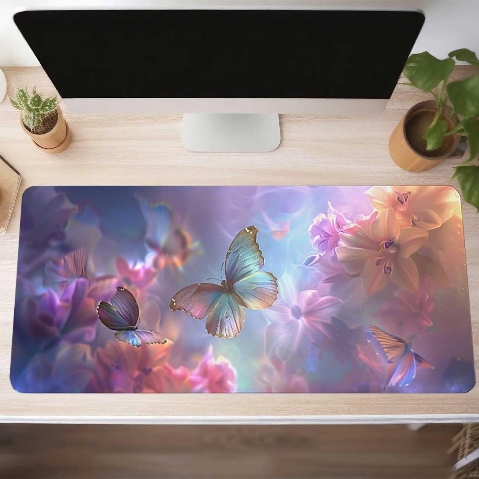 Duża podkładka pod mysz XXL do gier 1600 x 800 x 3 mm, wodoodporna, antypoślizgowa podkładka pod mysz, zmywalna, gumowa podstawa PC i laptop różowa motyl PjY10717 V-7