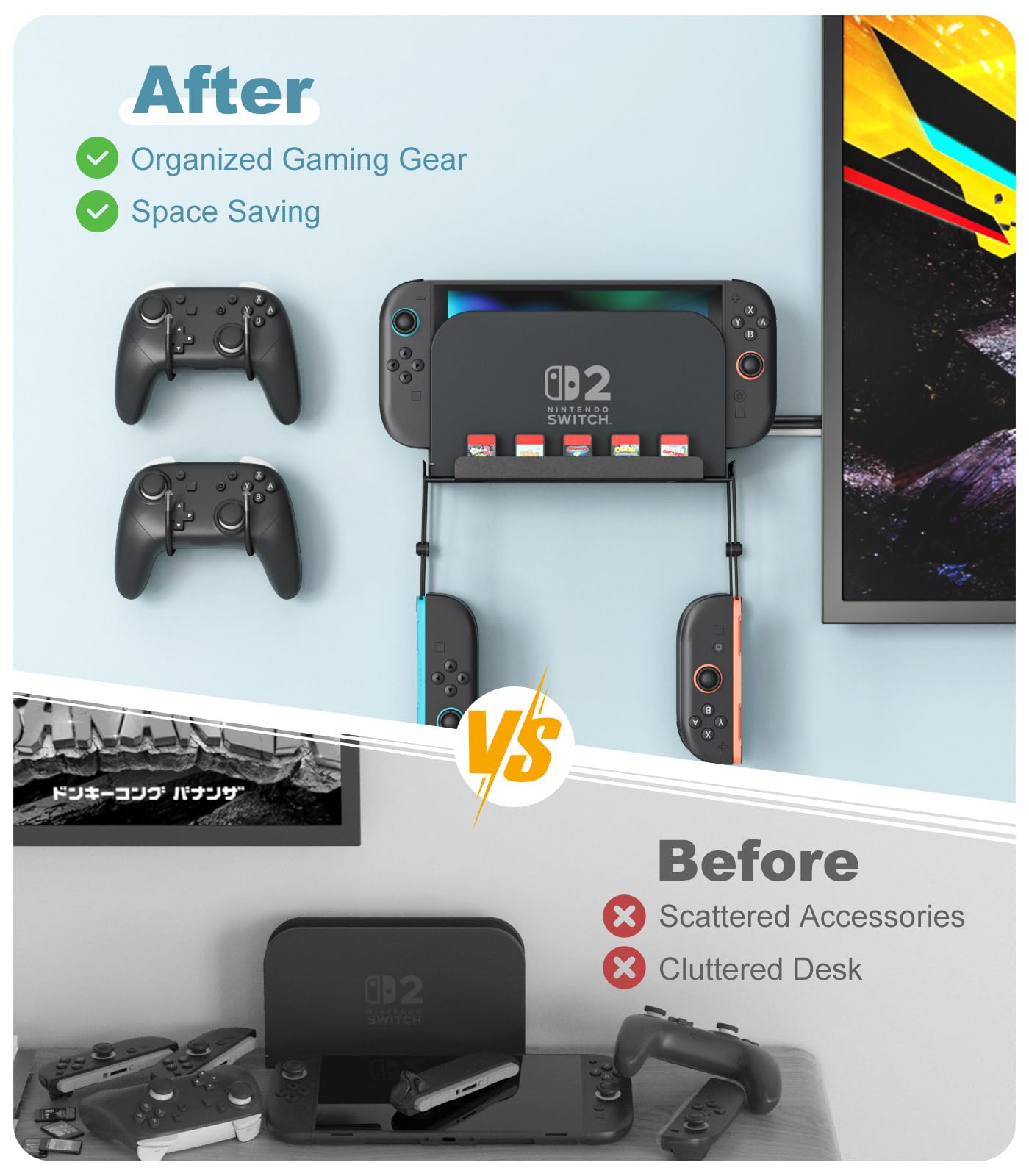 MoKo Support Mural Compatible avec Nintendo Switch 2 2025, Support de Jeux Vidéo en Métal avec 4 Crochets pour Joy-Con, Étagère Murale avec des Trous pour la Dissipation de la Chaleur, Noir