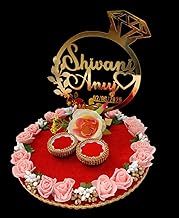 Engineered Wood Engagement Ring Platter, 10x10x10 inch, 2 Detachable Ring Boxes, Red and Peach Theme, Artificial Flowers, Customizable