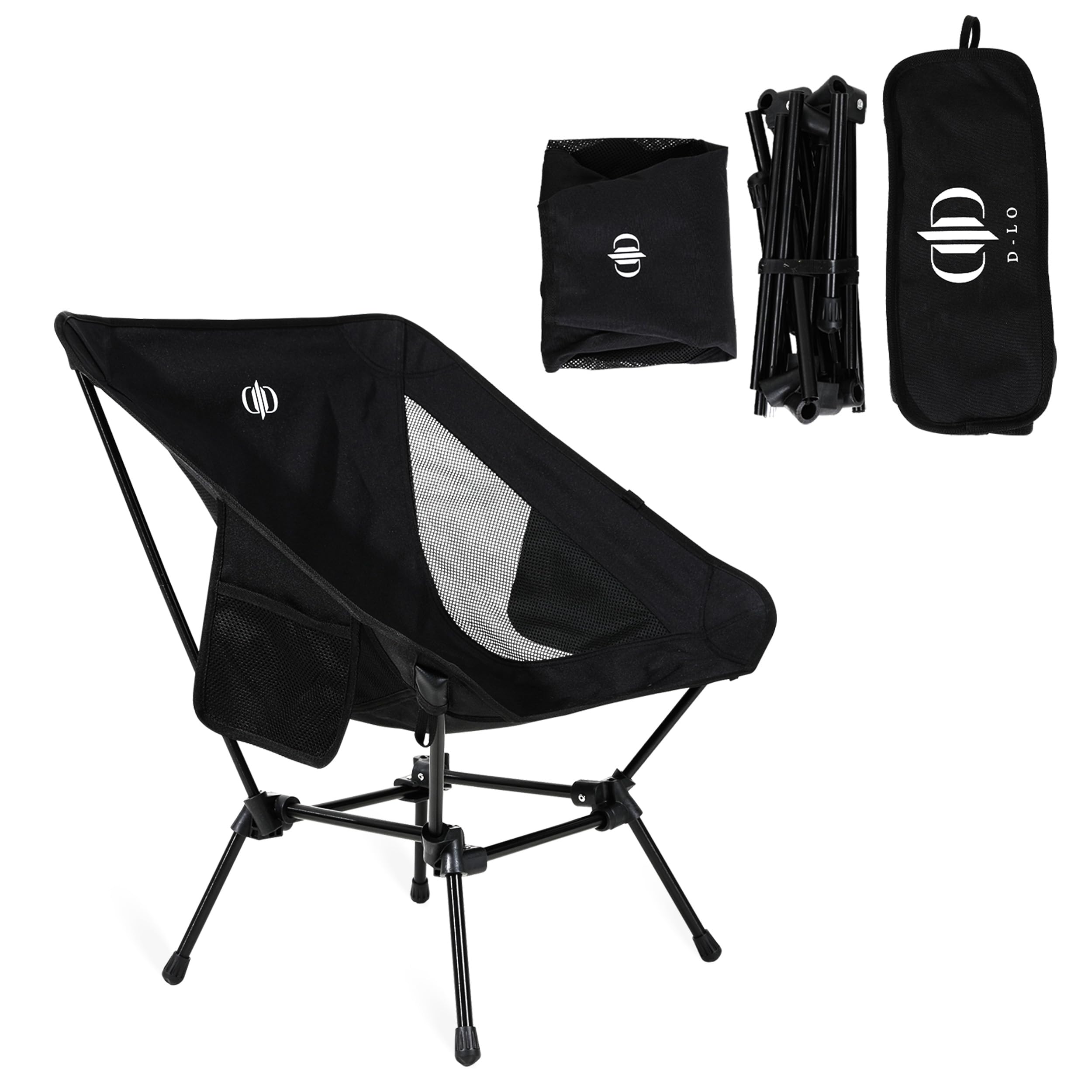 D-LO Ultralight Camping Chair - Black - Upgraded Dual Pocket - High Strength 600D Oxford Fabric - 7075 Aluminum Alloy - Great for Camping, Hiking, Lounging