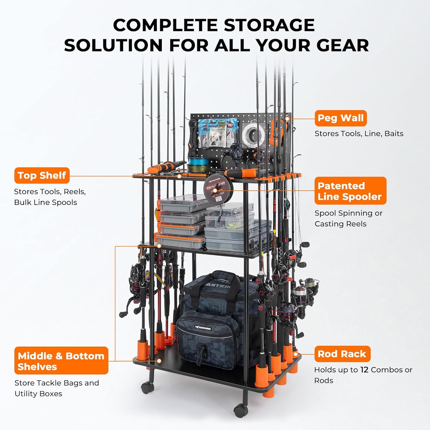 KastKing V12 Gear Trolley, Indoor Fishing Rod Holder for 12 Combos, 3-Tier Fishing Accessory Shelves With Peg Wall, Patented Built-in Line Spooler, Mobile Tackle Storage Cart With Locking Wheels B:Pro Model (12 Rods)