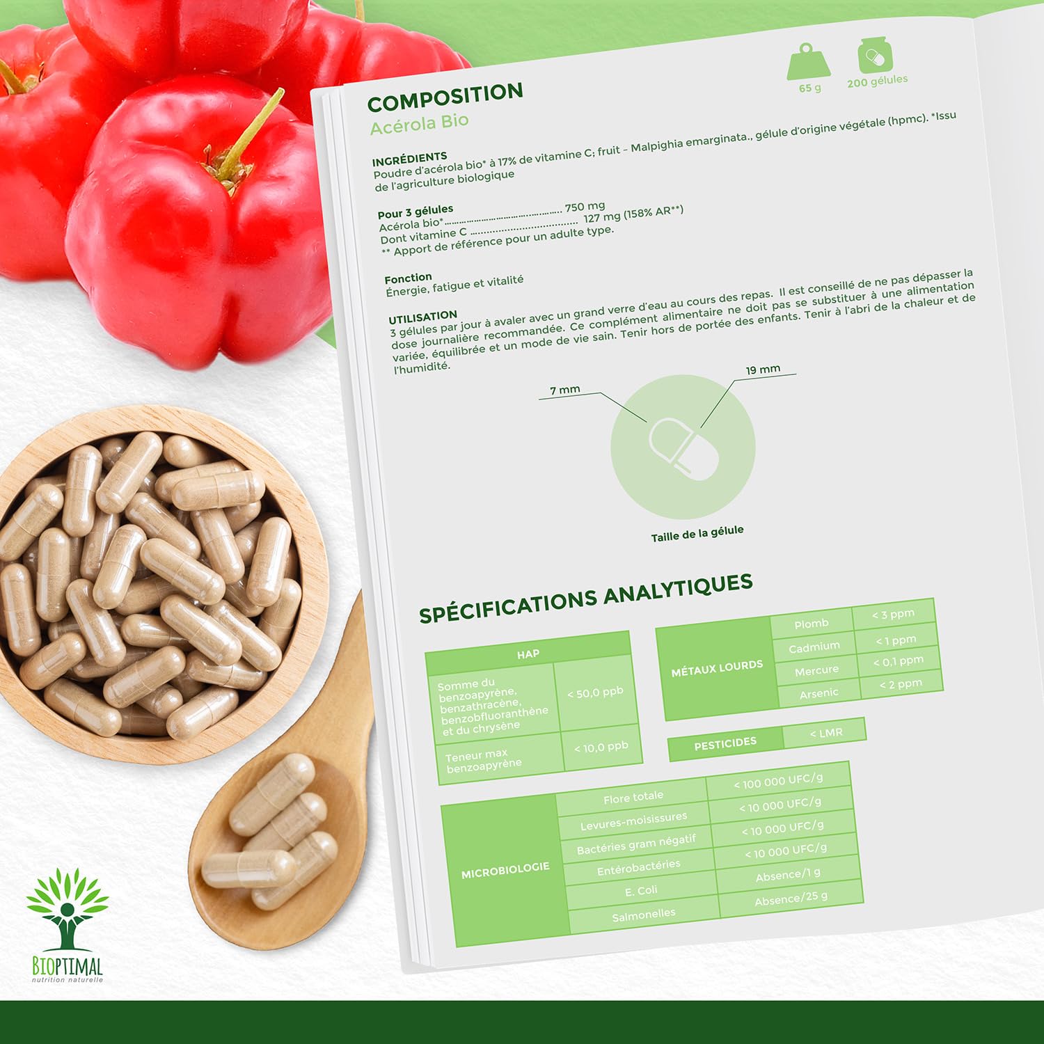 Acerola Bio - Bioptimal - Complément Alimentaire - Extrait d'Acérola en Gélule - 17% de Vitamine C Biodisponible - Anti-Fatigue Immunité - Fabriqué in France - Certifié par Ecocert - 200 gélules