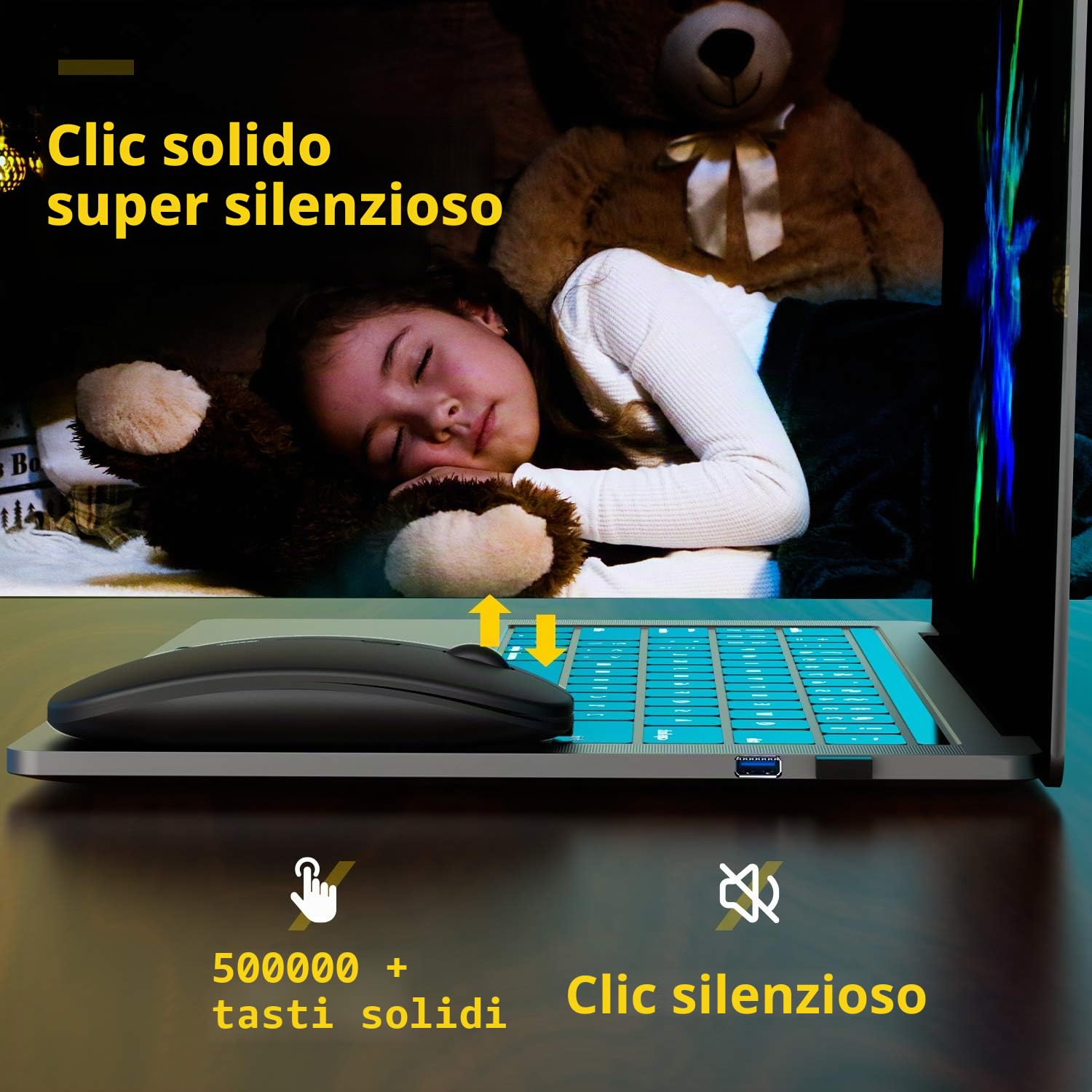 Mouse wireless silenzioso USB senza fili, sottile, ricaricabile, 10 m di distanza, 1600 DPI, 3 livelli di regolazione, silenzioso, per casa e ufficio per Windows, Mac OS e Linux, nero