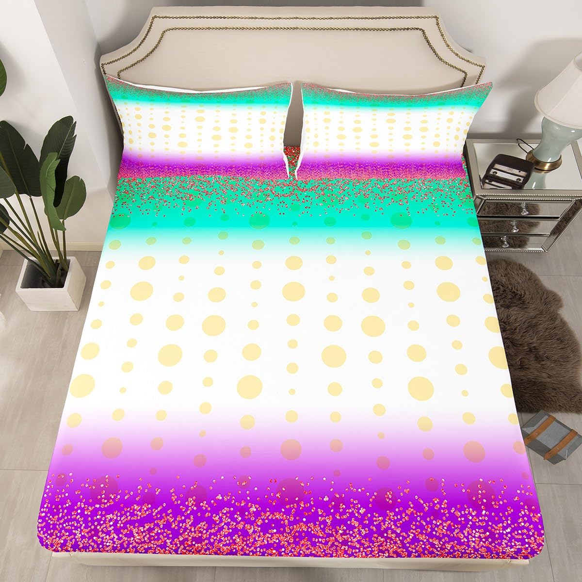 Manfei Red Glitter Kids Fitted Sheet Double Size, Green Purple Beige Bed Cover with 2 Pillowcases, Modern Abstract Bedding Set for Boys Girls Adults Bedroom Decor, Soft Polyester Bedding
