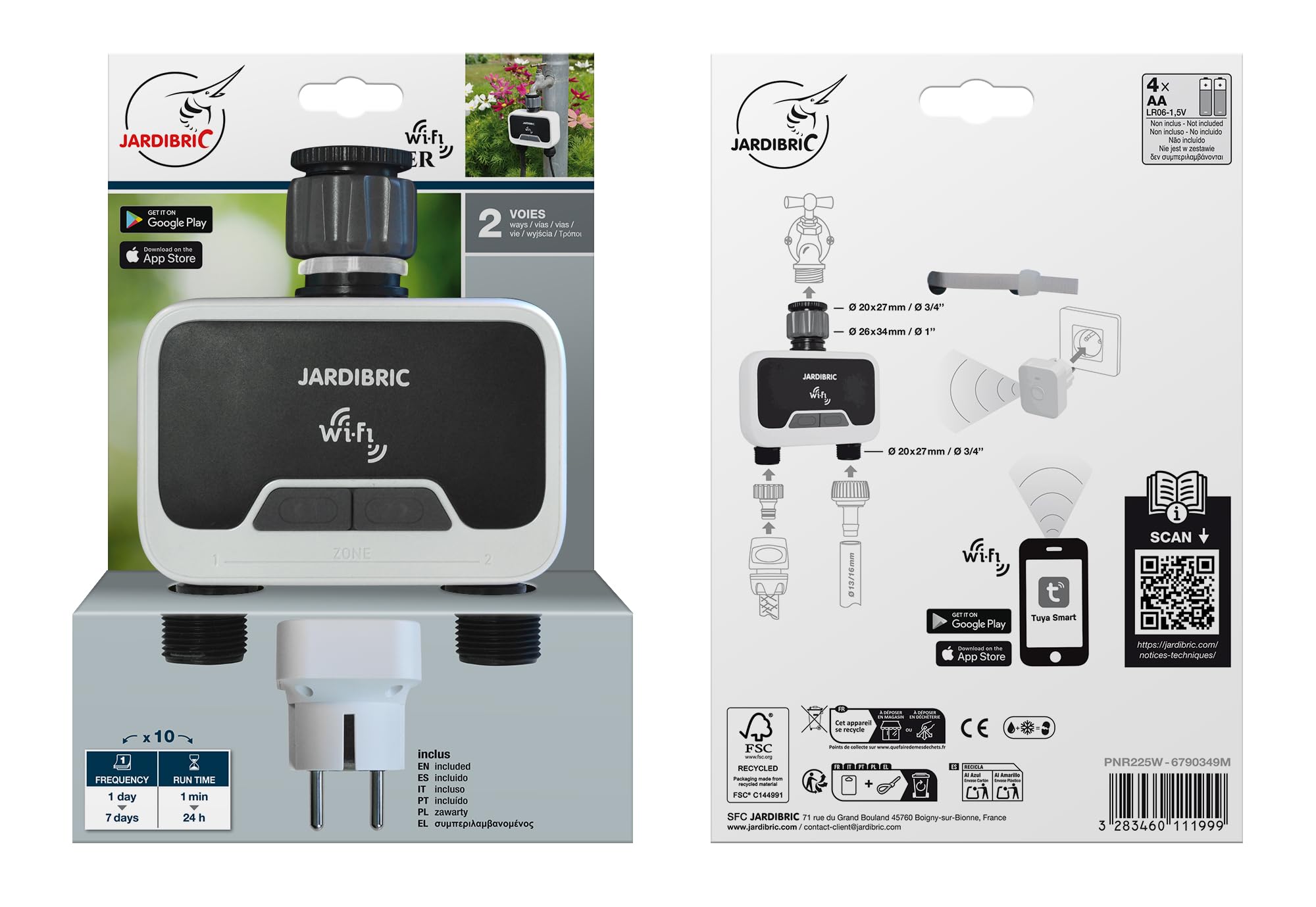 Jardibric - Programmatore di irrigazione WiFi con App "Tuya Smart", Controllo remoto e vocale, IP54, Portata 2100 L/h, Pressione 0,5-8 Bar, 2 Vie, Funzione Manuale e Rain Dela