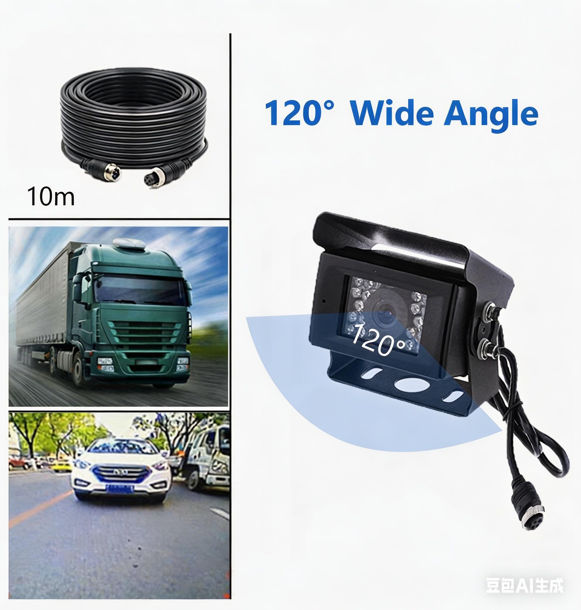 Telecamera Retromarcia 4 Pin Cavo Aviazione da 10 m, Visione Notturna 18 IR senza Linee di Inversione Telecamera Posteriore Impermeabile IP69 12V-24V per Autobus/Camper/Camion/Rimorchio/Furgone