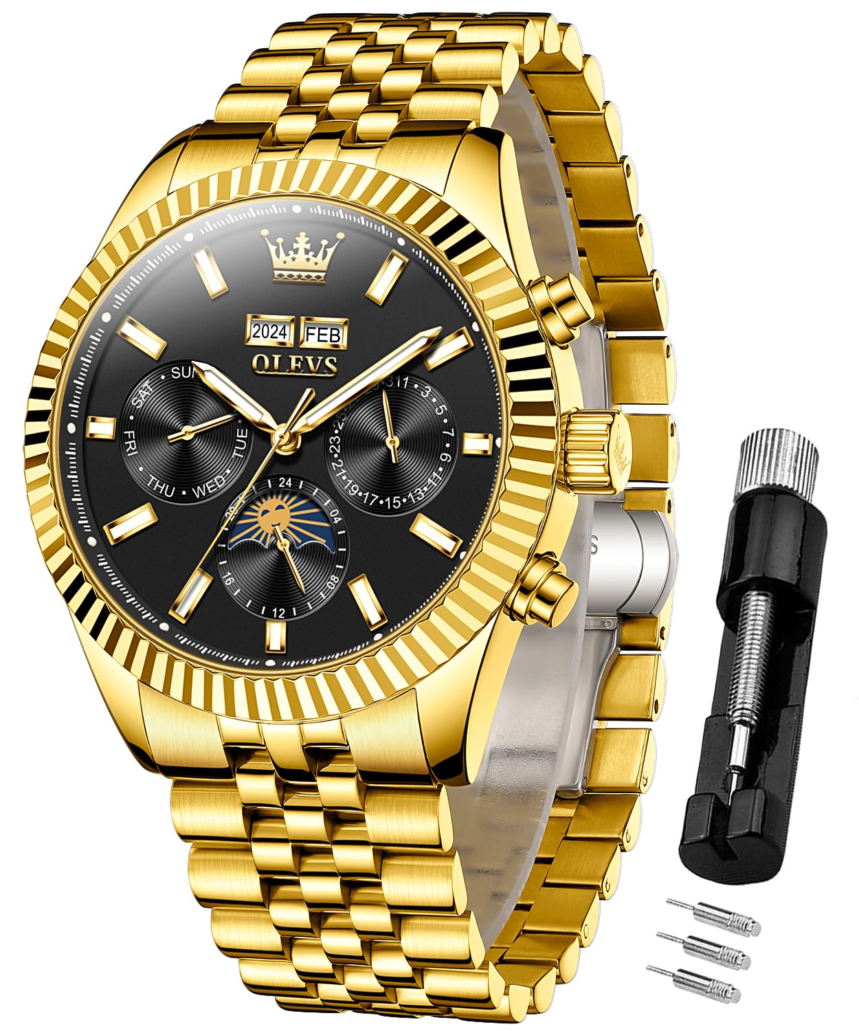 OUPINKE Men Automatic Watch Mechanical Self Winding Classic Luxury Big Face Dress Moon Phase Stainless Steel Wrist Watches Waterproof Luminous