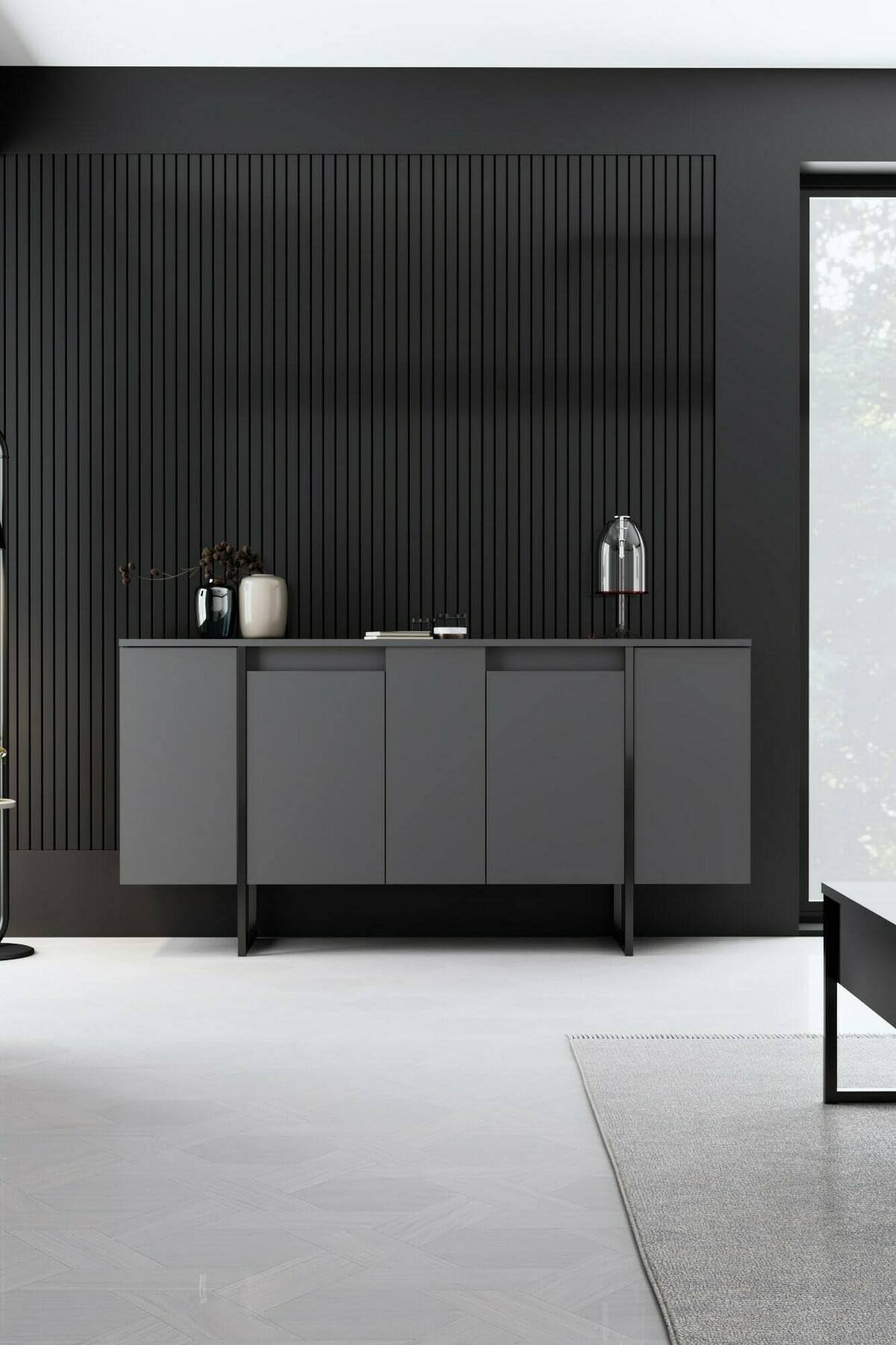 Dmora - Credenza Betel, Buffet da soggiorno, Madia da salotto, Dispensa da cucina, 160x35h80 cm, Antracite e Nero