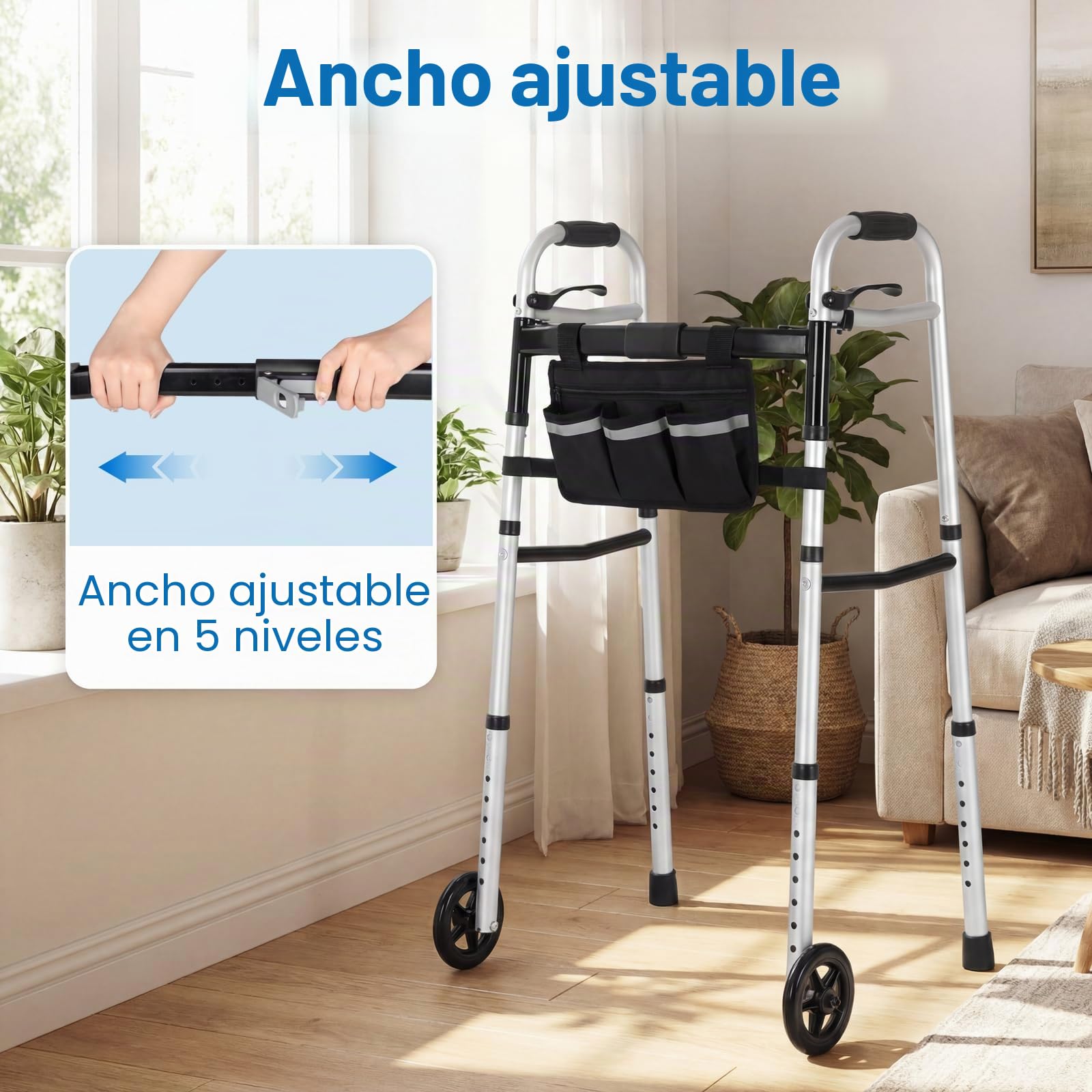 Andador para Personas Mayores, Plegable con Ruedas, Caballete Ligero de Altura Regulable de Aluminio, Gehgestell con Altura Regulable en 8 Niveles y Anchura Ajustable en 5 Posiciones