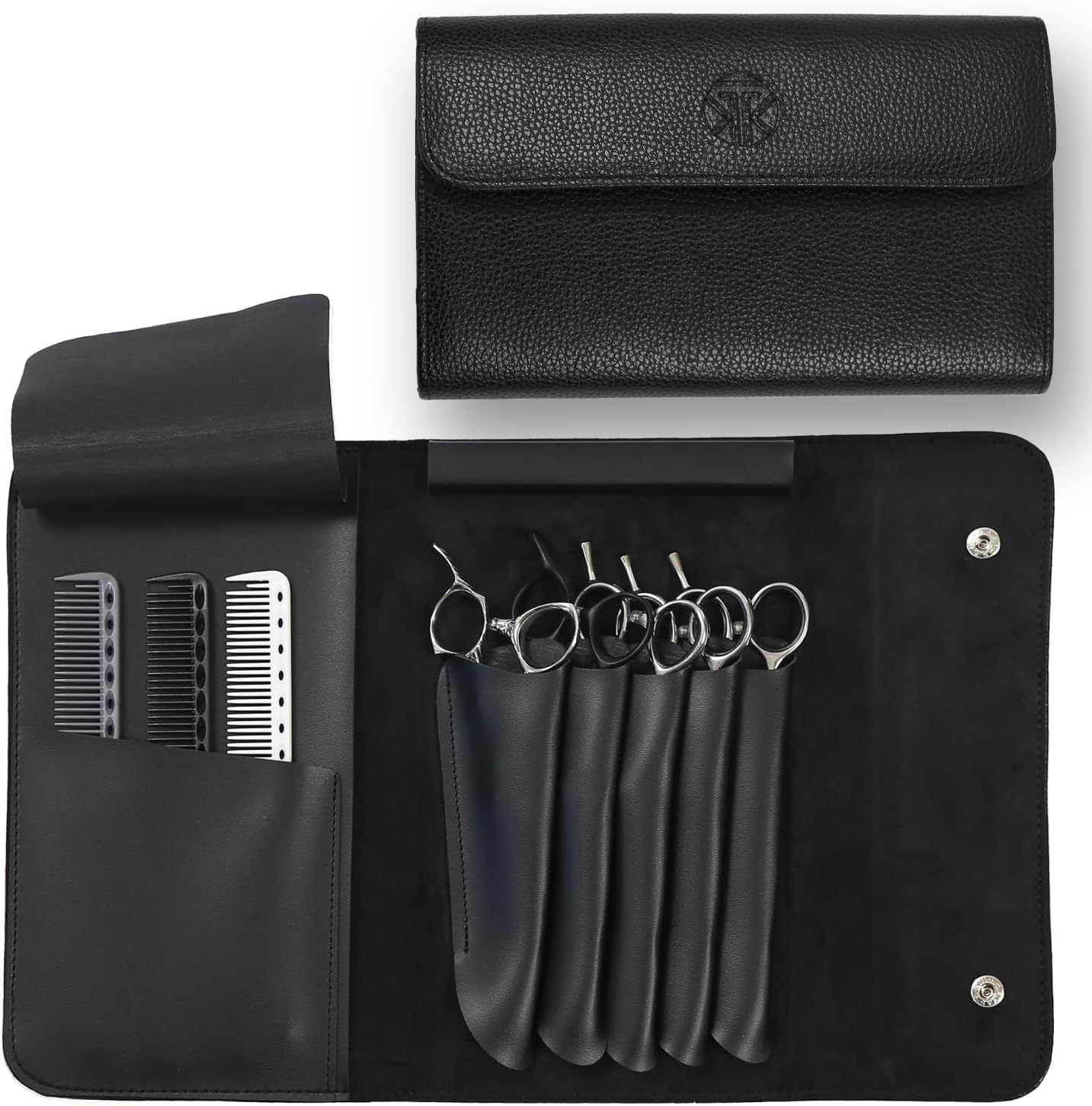 Tokko Katana Professional Shear Case – Black Textured Leatherette 5-Slot Holder for Hair Cutting Shears, Scissors & Combs – Snap Closure, Portable & Protective Folding Pouch for Stylists & Barbers
