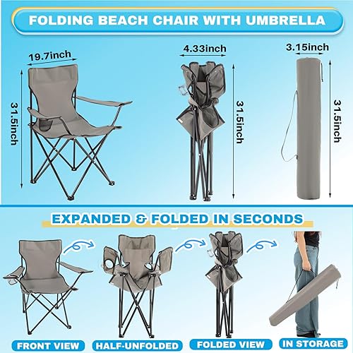 Miniatura 2 de Juego de 2 sillas de campamento plegables con paraguas, para adultos, asiento plegable de pícnic, asiento de césped plegable para exteriores, pesca,