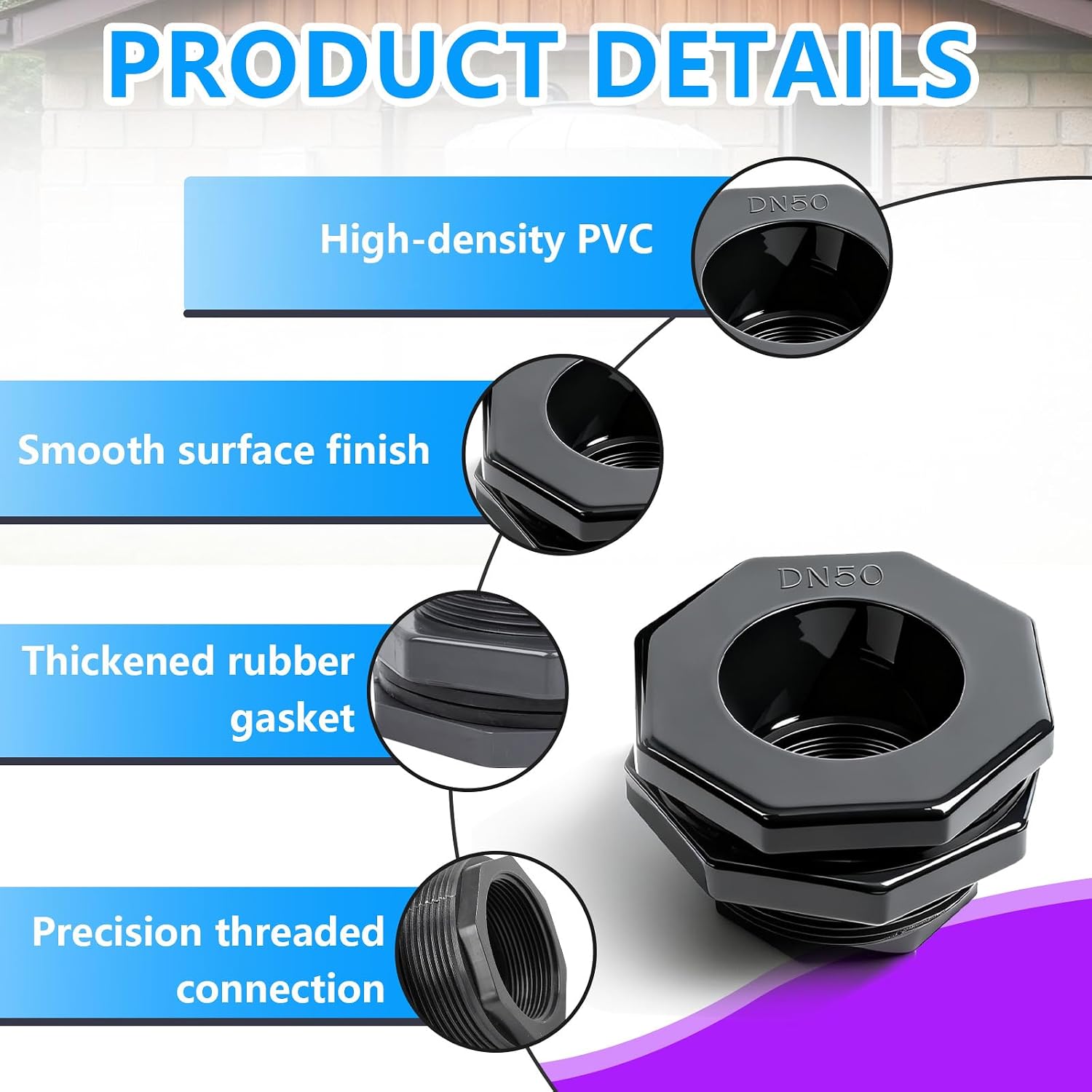 2 Pcs 2 Inch PVC Bulkhead Fitting (NPT Threads), Heavy-Duty Plumbing Water Tank Connector Kit with Reinforced Seals for Rain Barrels, Water Tanks, Aquariums, Tubs, Pools