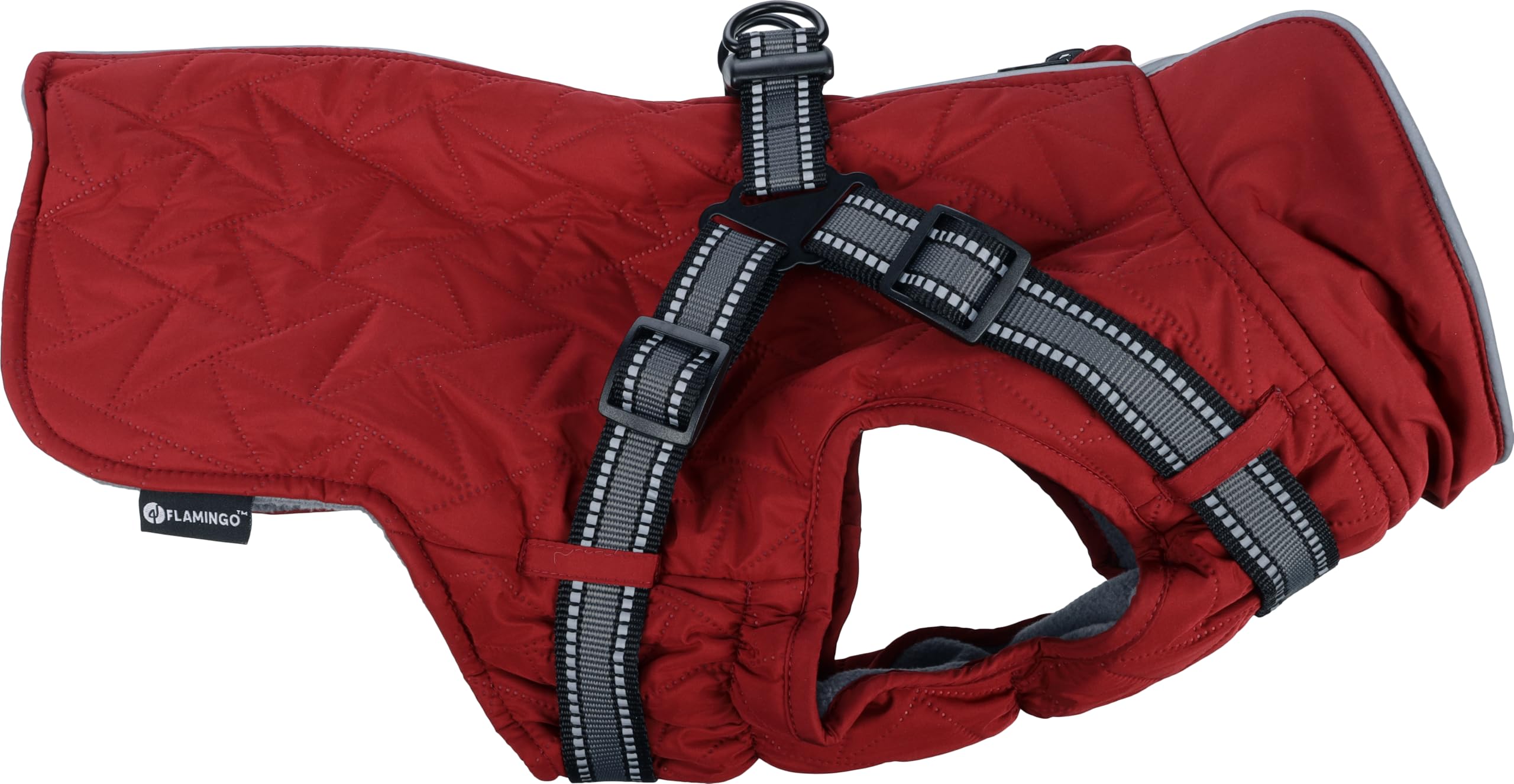 Manteau Chien – Hiver – Flamingo Duker Rouge – A:35cm B:36cm C:52cm – Polyester – déperlant – Harnais réglable – Bandes réfléchissantes