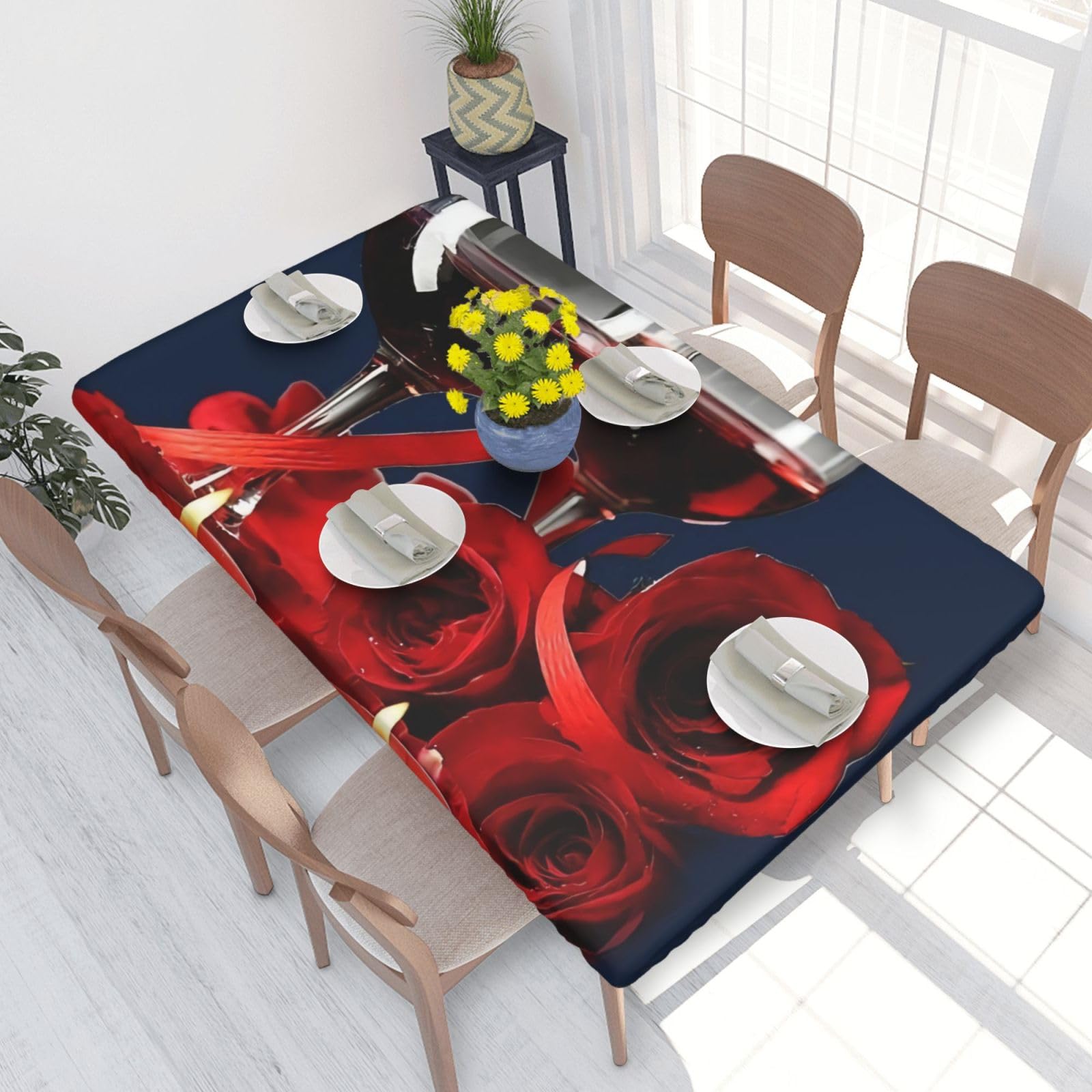 BNVSADC Red Wine Rose and Candle Printed 4FT Tablecloth 122x76 CM Polyester Kitchen Water Resistant Table Cloth Dining Table Decoration Table Covers