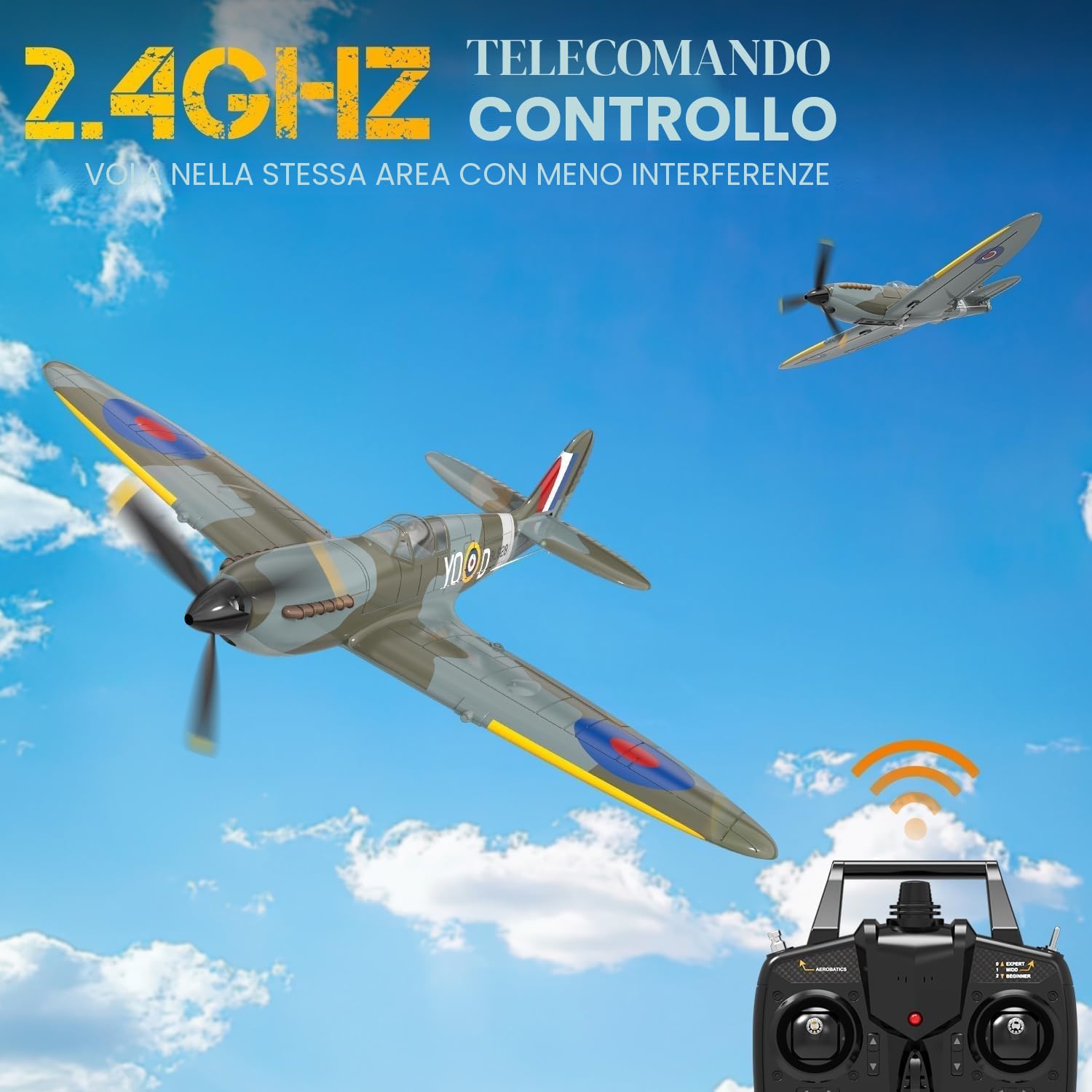 volantexrc Aereo RC, Caccia Spitfire V2 Telecomandato 4 Canali RTF con Alettoni, Gyro, Funzioni Acrobatiche e 3 Modalità, Facile da Pilotare, Aeromobile Radiocomandato