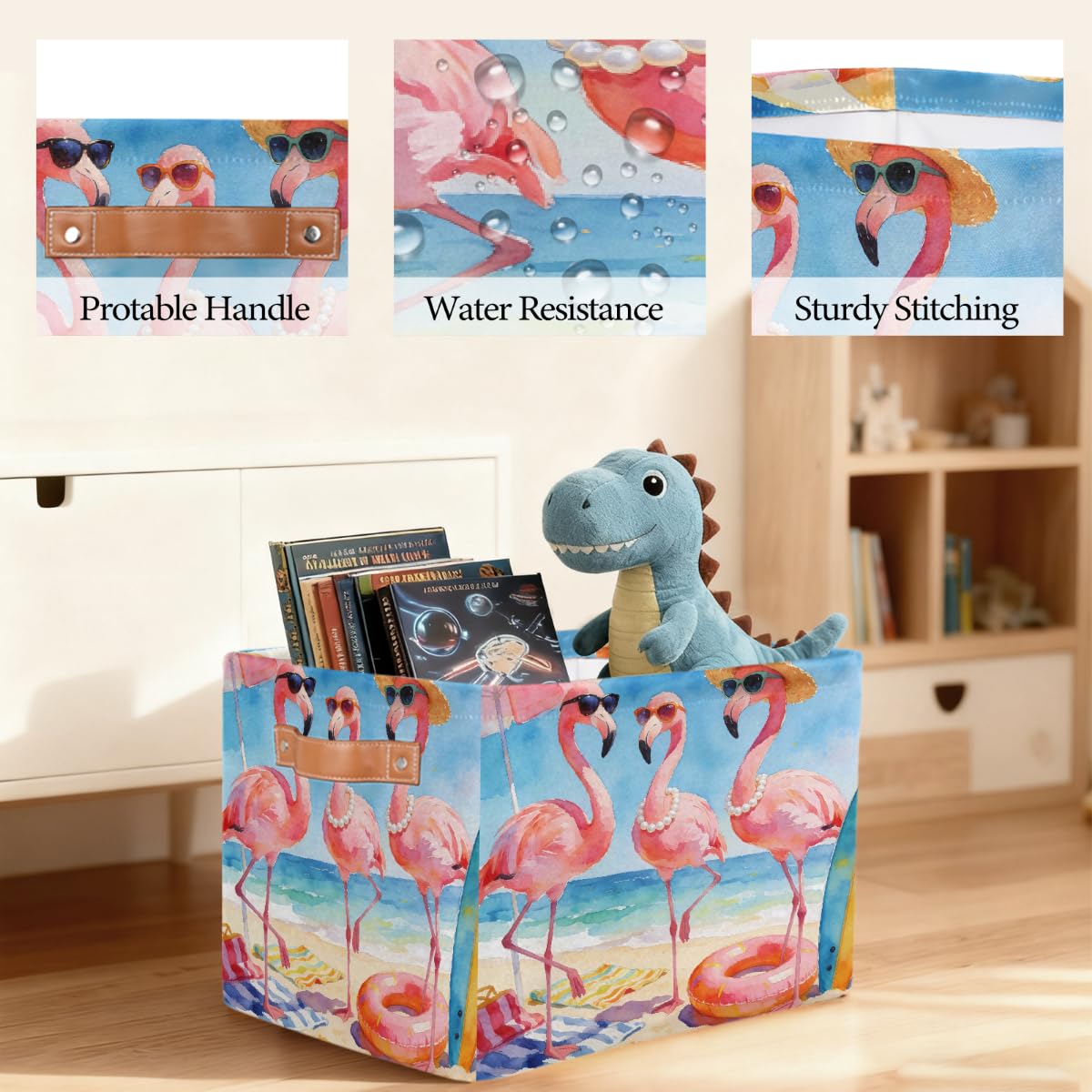 Lustiger Sommer-/Strand-Flamingo-Aufbewahrungskorb mit Ledergriffen, faltbarer Stoff-Aufbewahrungskorb für Schrank, Badezimmer, Wohnzimmer, Büro, Spielzeug, Organizer, Wäschekorb, 2 Stück
