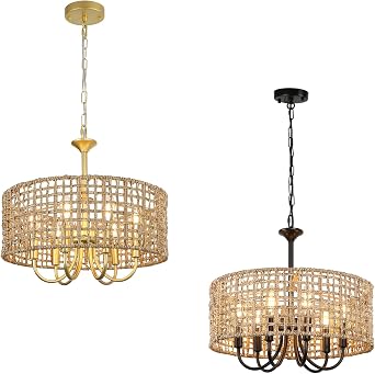 LynPon 17.7" Boho Rattan Chandeliers for Dining Room, 6-Light Black & Gold Farmhouse Hand-Woven Pendant Light with Wicker Shade, Seagrass Coastal Hanging Light for Living Room Kitchen Hallway